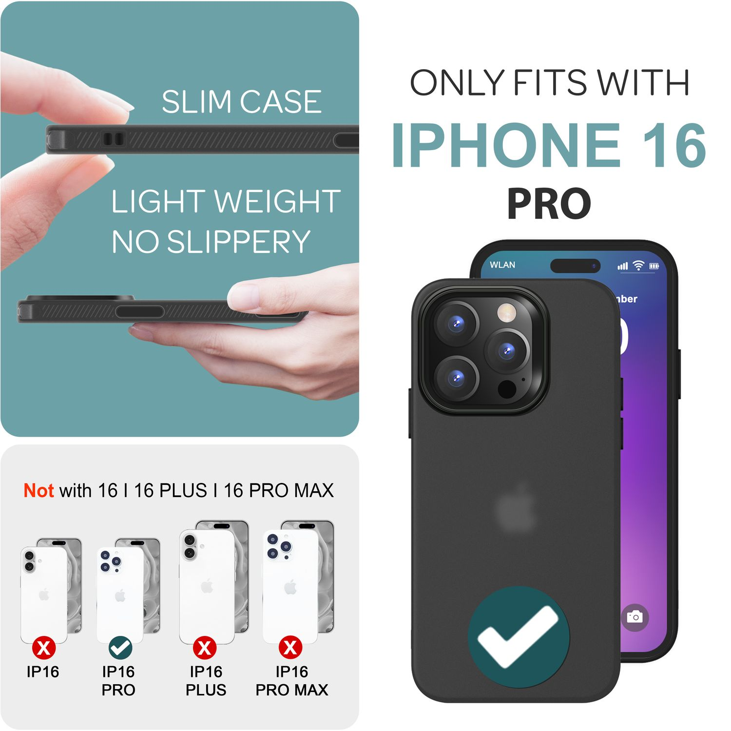 Handyhülle mit Text: schlanke Hülle, leicht, nur für iPhone 16 Pro. Das Telefon ist schwarz.