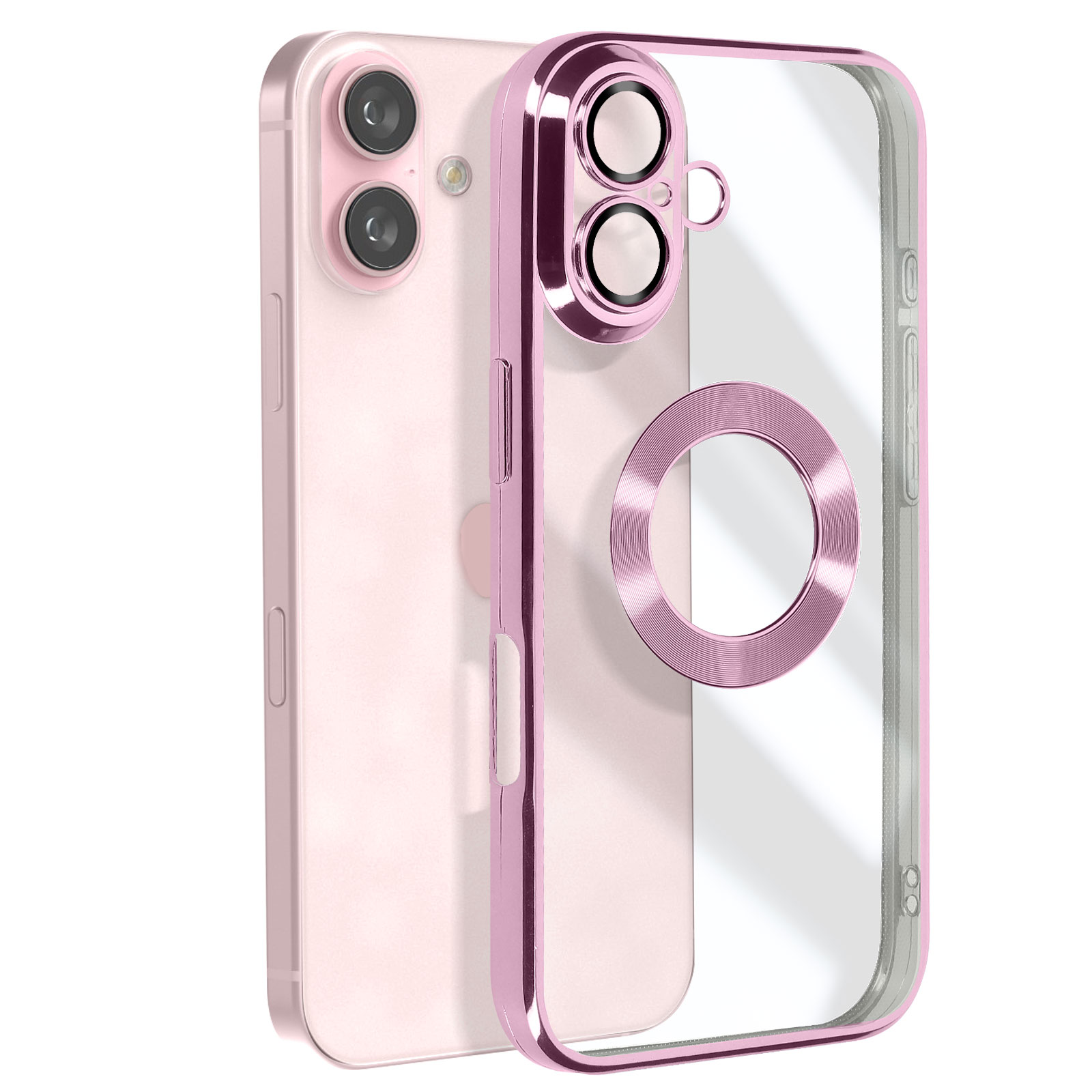 iPhone rosa con custodia trasparente e rosa. La custodia ha un anello sul retro.