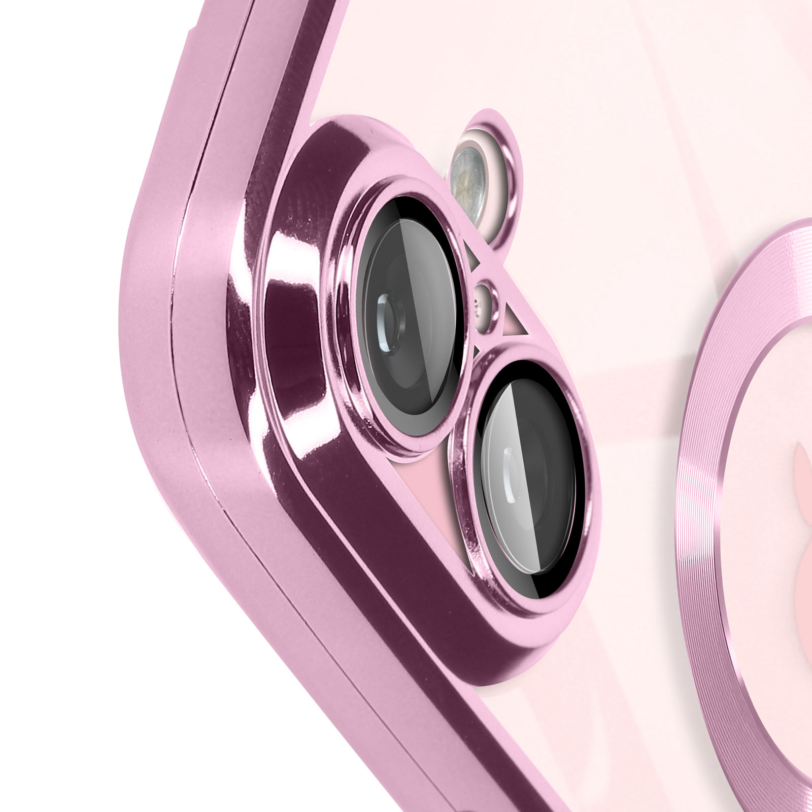 Un primo piano di un modulo fotocamera del telefono rosa, con due lenti.