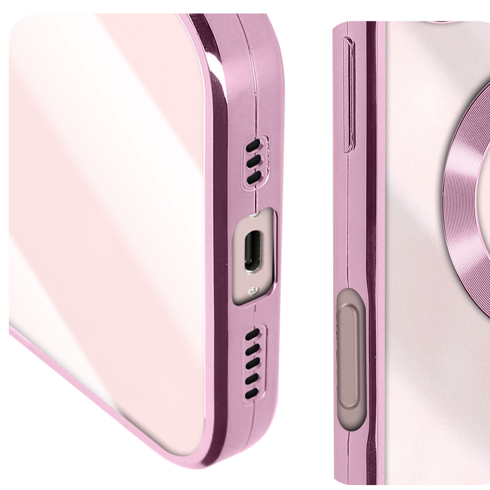 Primo piano di una custodia rosa per telefono. Con porta di ricarica e pulsanti laterali. Sfondo bianco.