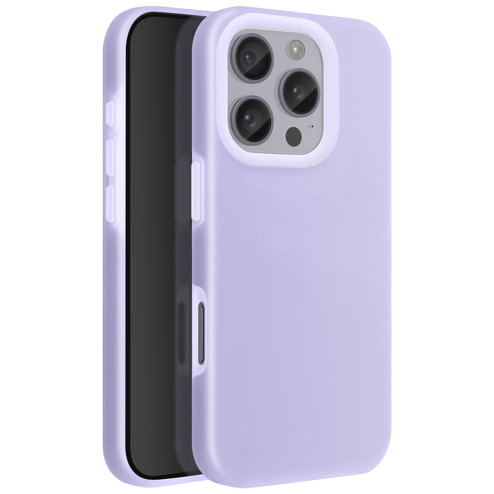Custodia viola per telefono con telefono all'interno. Tre obiettivi della fotocamera. Sfondo bianco.