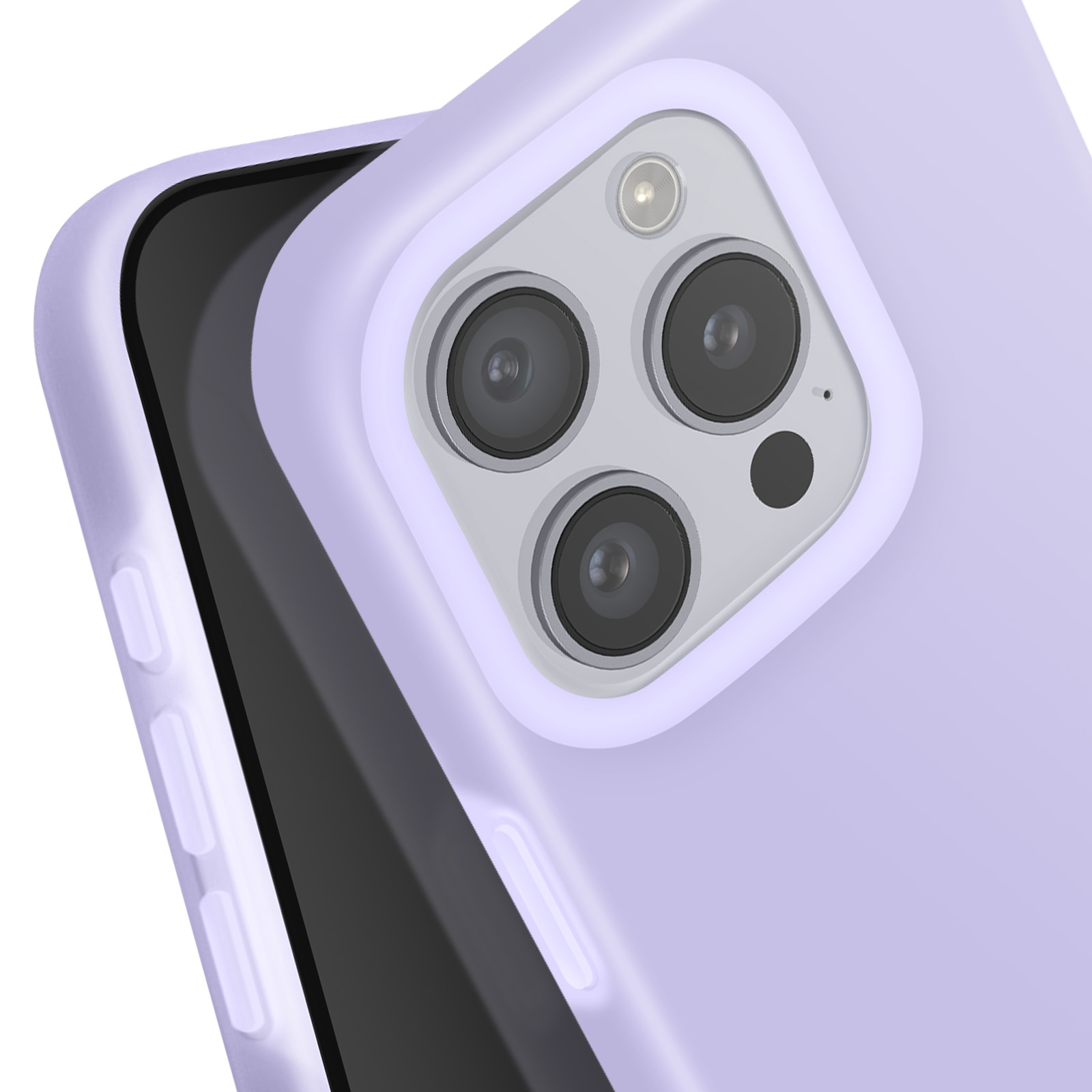 Primo piano di una custodia viola per telefono con tre obiettivi. La custodia copre il retro di un telefono nero.