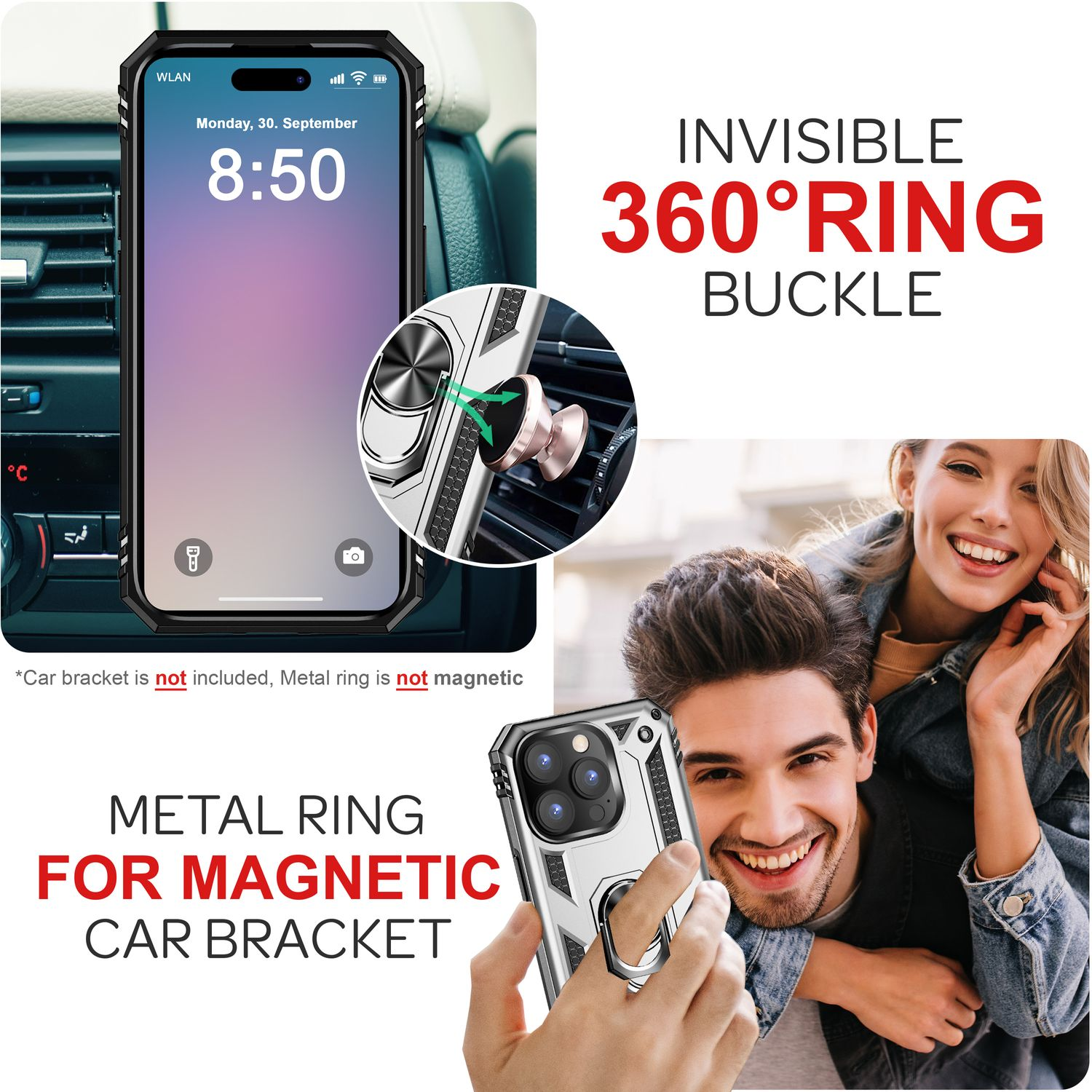 Telefon im Gehäuse mit Ring, lächelndes Paar, Text über den Ring für die Autohalterung.