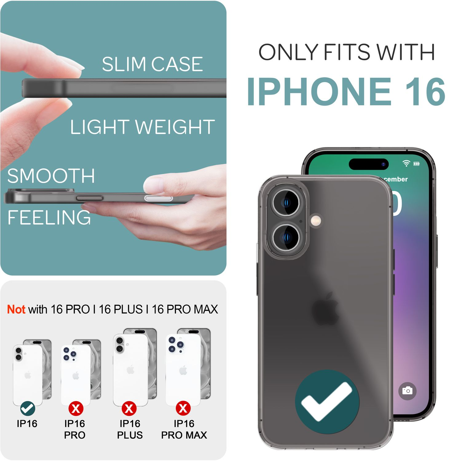 Una custodia per iPhone 16 accanto a un iPhone 16. La custodia è sottile e leggera.