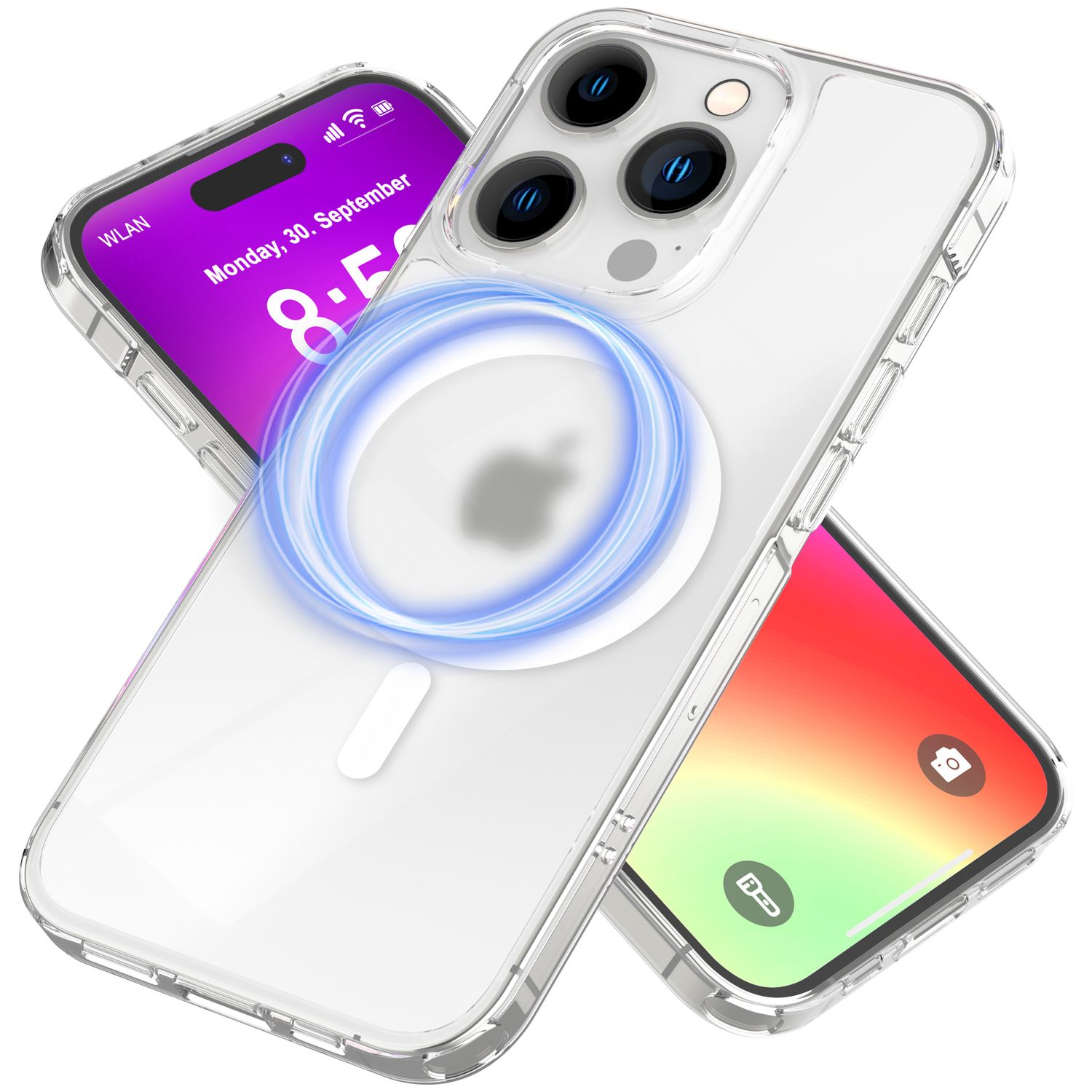 Transparente Handyhülle mit Apple-Logo. Ein anderes Telefon dahinter mit farbenfrohem Display und Ladekreis.