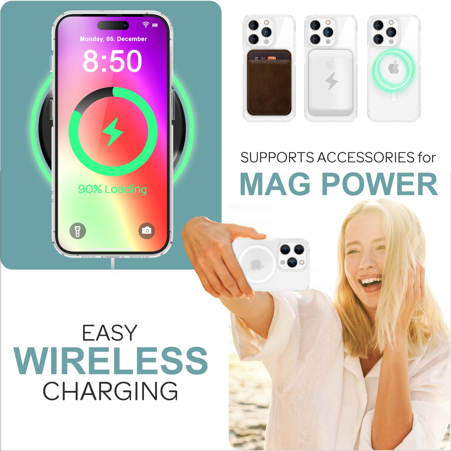 Telefon wird kabellos geladen. Frau macht Selfie. Zubehör. Mag Power.