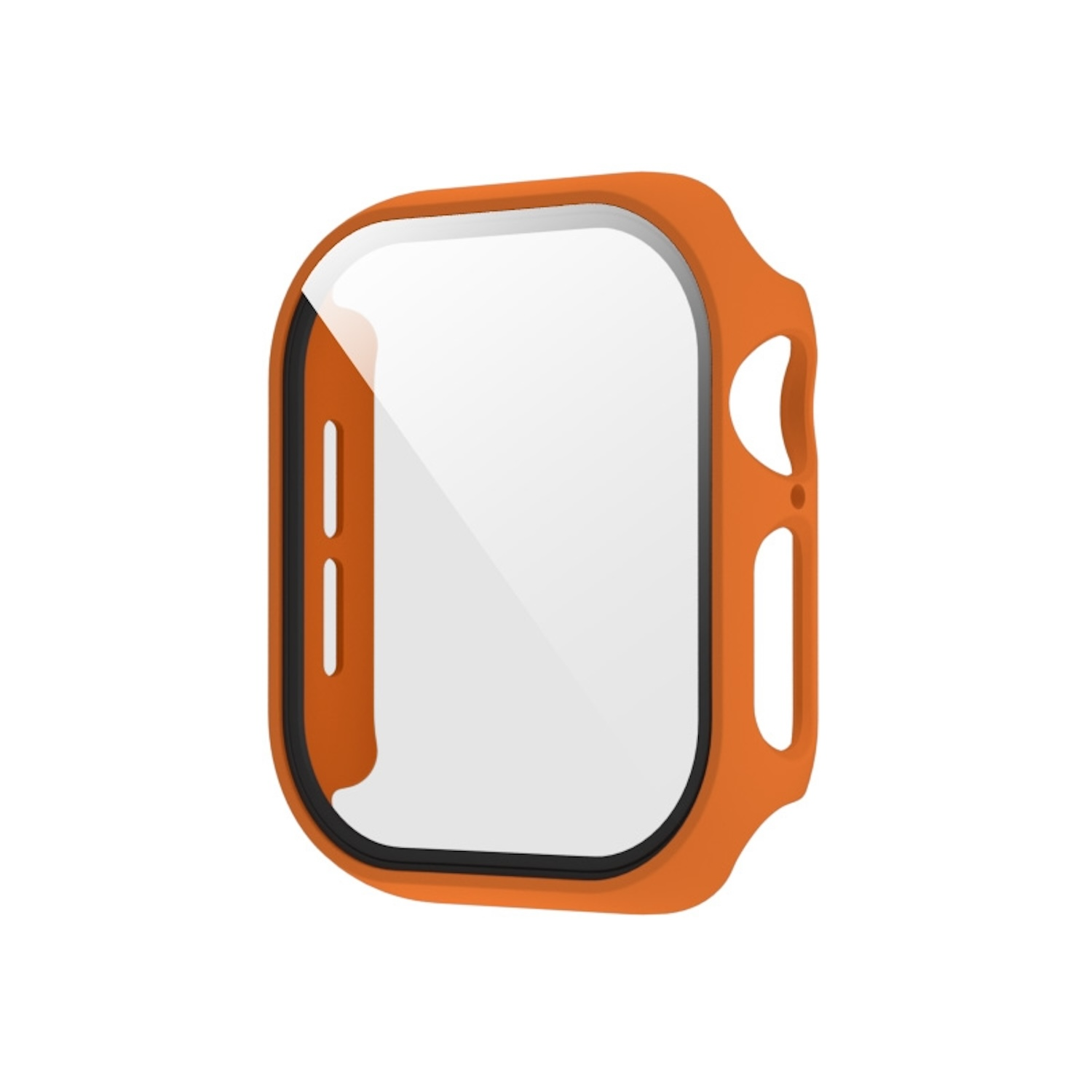 Orangene Apple Watch Hülle. Schützt den Bildschirm. Weißer Hintergrund.