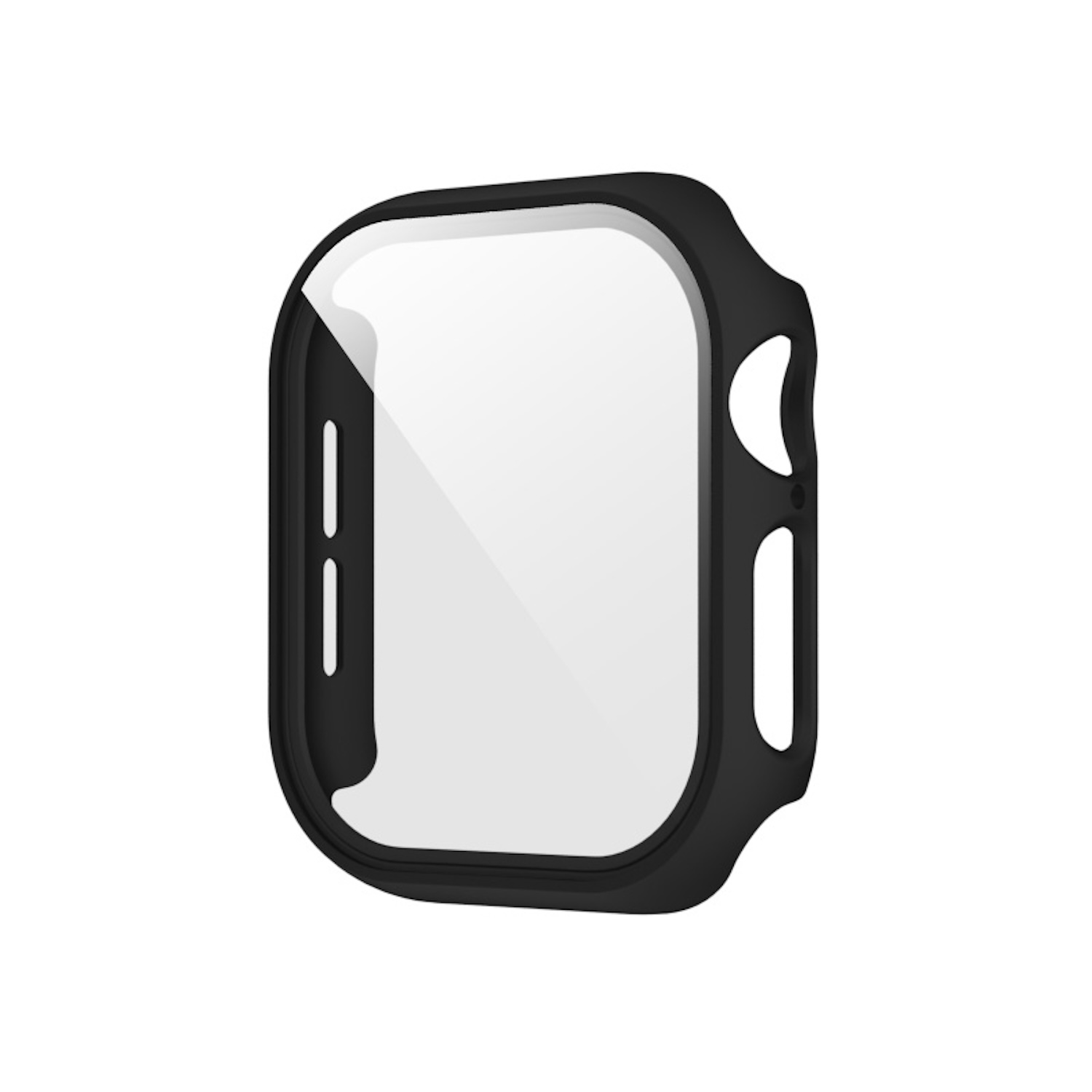 Schwarzes Apple Watch-Gehäuse mit transparentem Bildschirm. Das Gehäuse hat ein gebogenes Design und einen Ausschnitt.