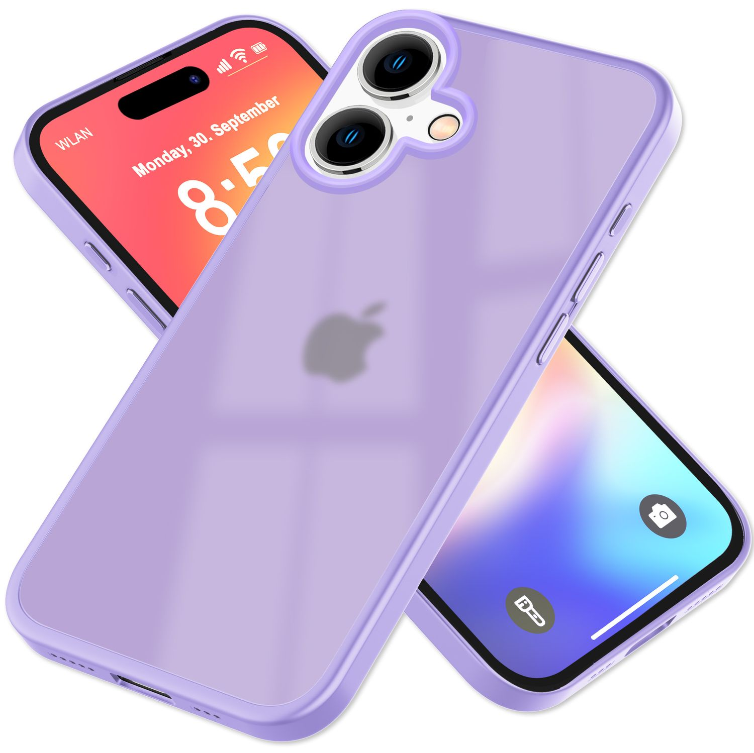 Ein lila Telefon auf einem Telefon. Das Telefon ist lila und hat eine transparente Hülle. Das Telefon hat drei Kameras.