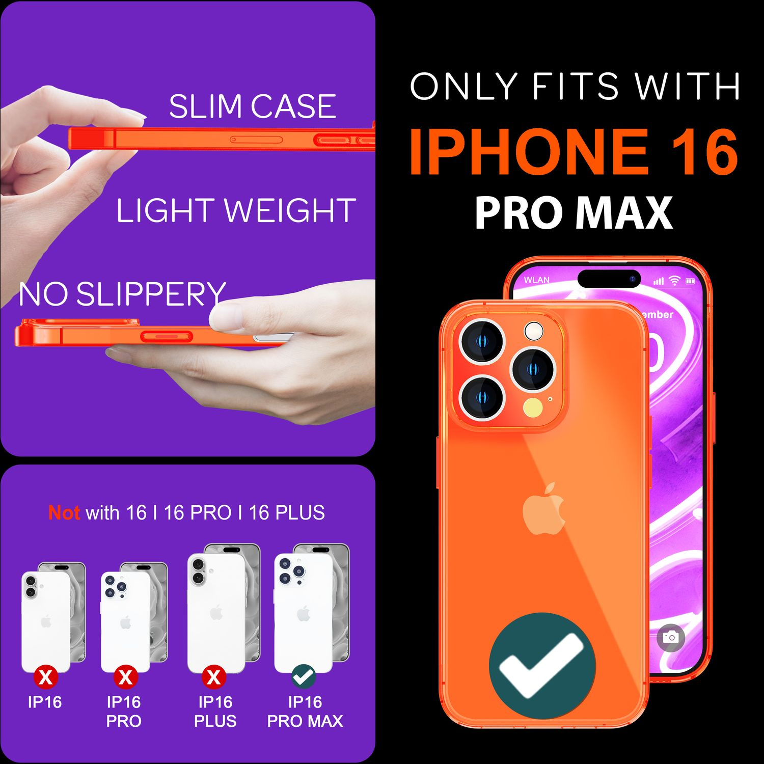 Orangefarbenes iPhone 16 Pro Max mit durchsichtiger Hülle. Die Hülle ist schlank und leicht. Nicht für 16, 16 Pro oder 16 Plus.