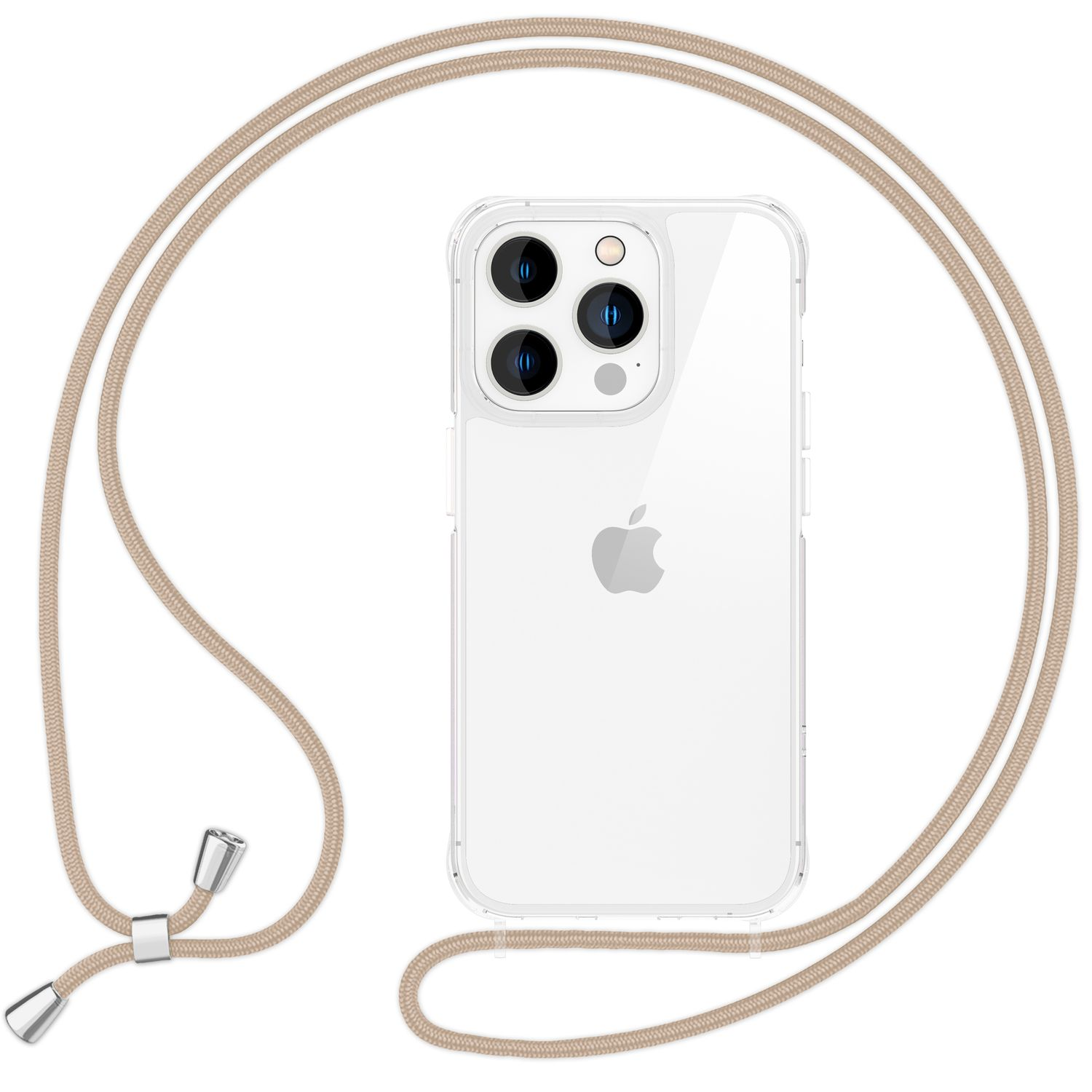 Transparente Handyhülle mit beigefarbenem Riemen. Ein Telefon befindet sich im Inneren der Hülle.