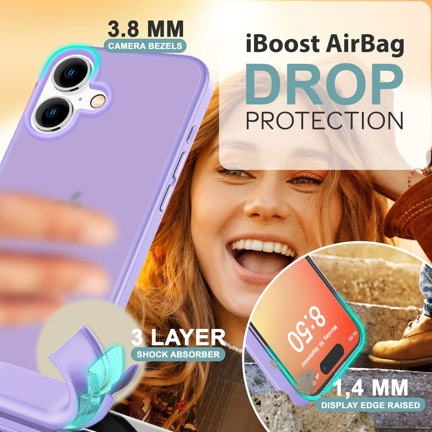 Lila Handyhülle in der Hand einer Frau, Telefonbildschirm sichtbar. Enthält iBoost AirBag Info.