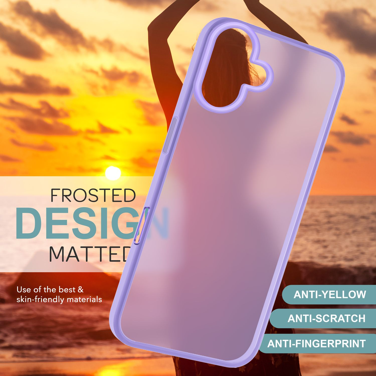 Eine mattierte, lila Handyhülle mit Umriss. Auf der Hülle steht: Frosted, Design, Matted und Anti-Gelb, Kratzer und Fingerabdruck.