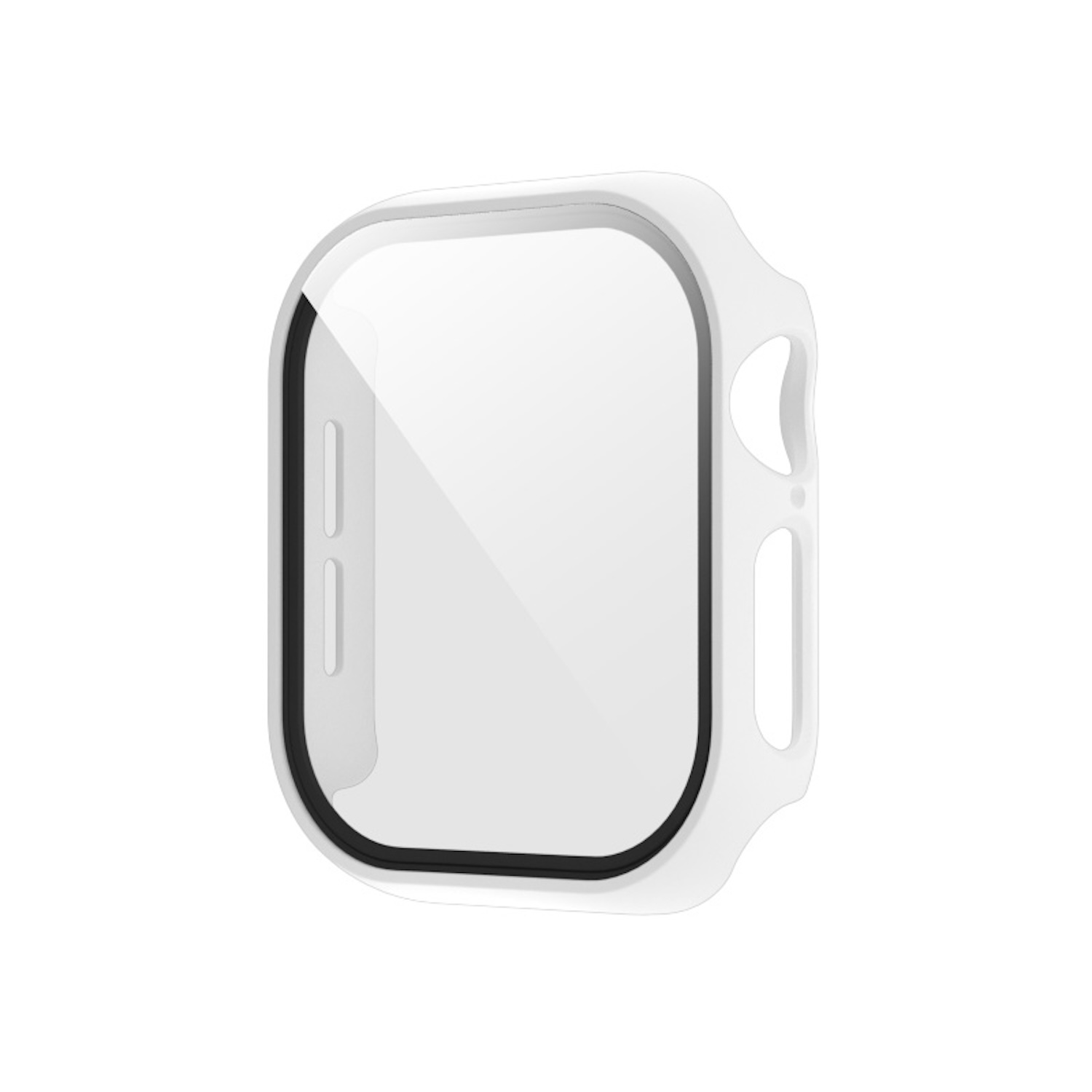 Weißes Apple Watch-Gehäuse mit transparentem Bildschirm. Das Gehäuse hat ein gebogenes Design und einen Ausschnitt.