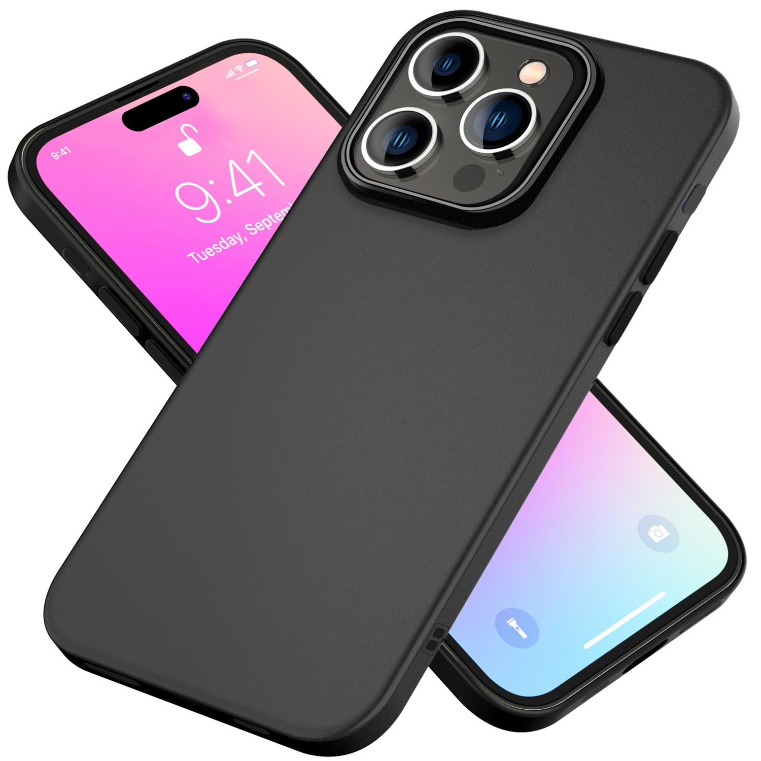 Zwei schwarze Telefone, eines mit einem pinkfarbenen Bildschirm, das andere mit schwarzer Hülle auf weißem Untergrund.