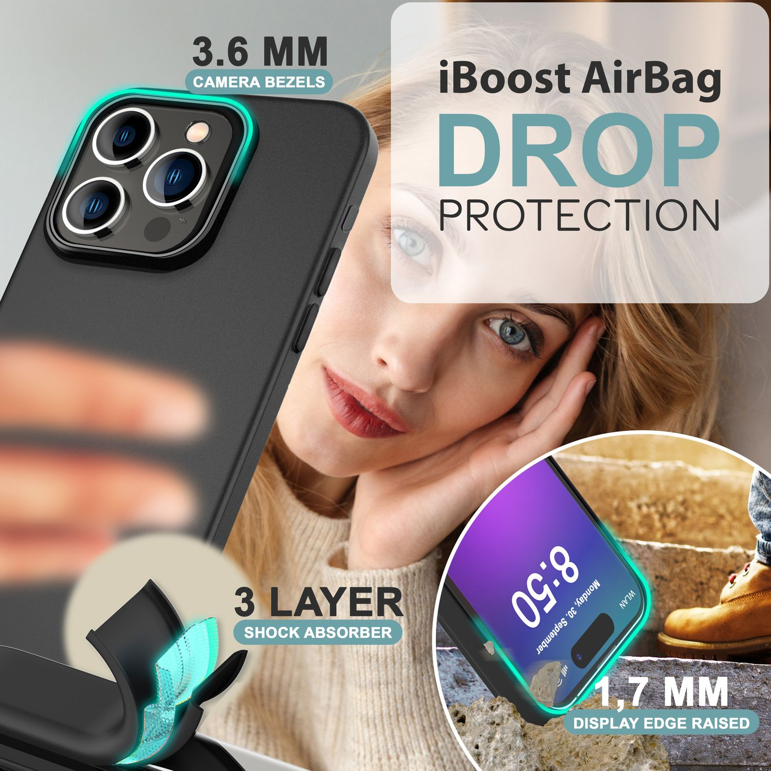 Handyhülle mit Aufschrift „Drop Protection“ und ein iPhone mit eingeschaltetem Bildschirm.