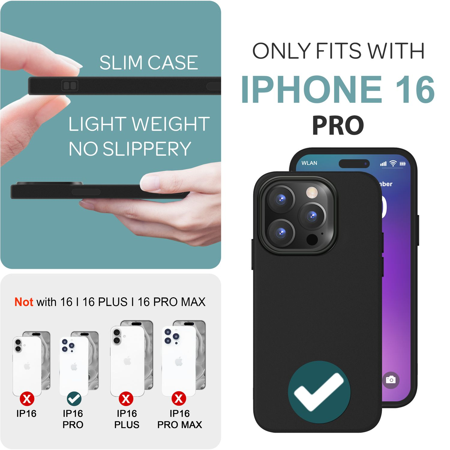 Eine Handyhülle wird gezeigt. Es ist schwarz und hat den Text: Nur passend für iPhone 16 Pro. Andere Telefone sind durchgestrichen.