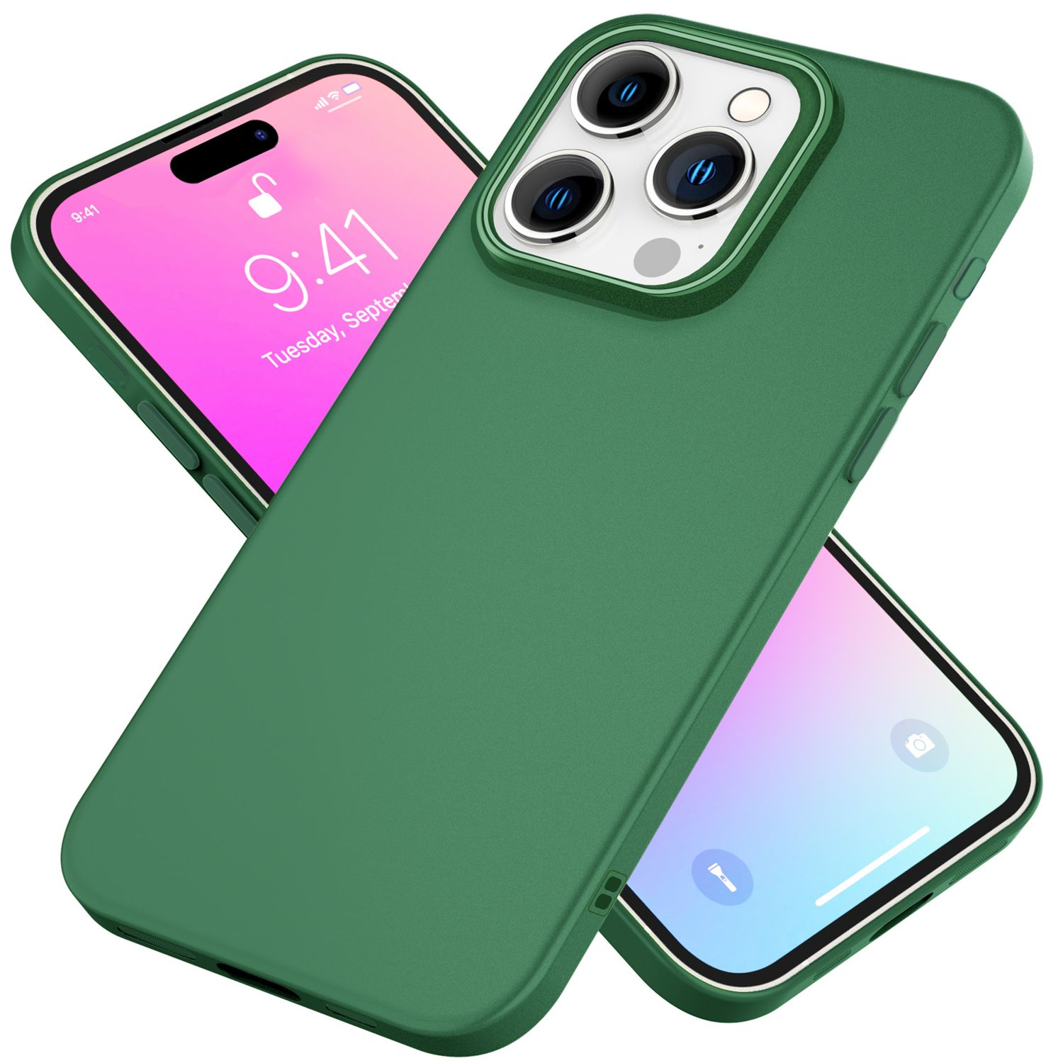 Grüne Handyhülle und Handy mit pinkfarbenem Bildschirm, der die Uhrzeit anzeigt.