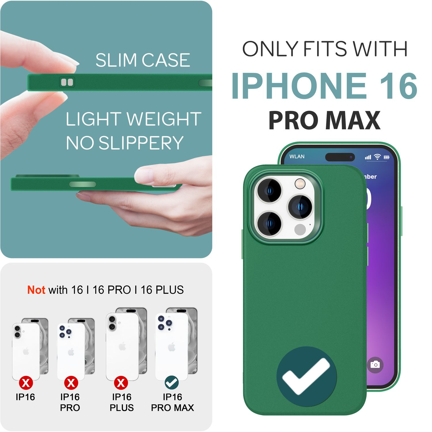 Grüne Handyhülle mit Telefon, Text sagt 'Slim Case' und 'Light Weight'. Die Hülle passt nur für iPhone 16 Pro Max.