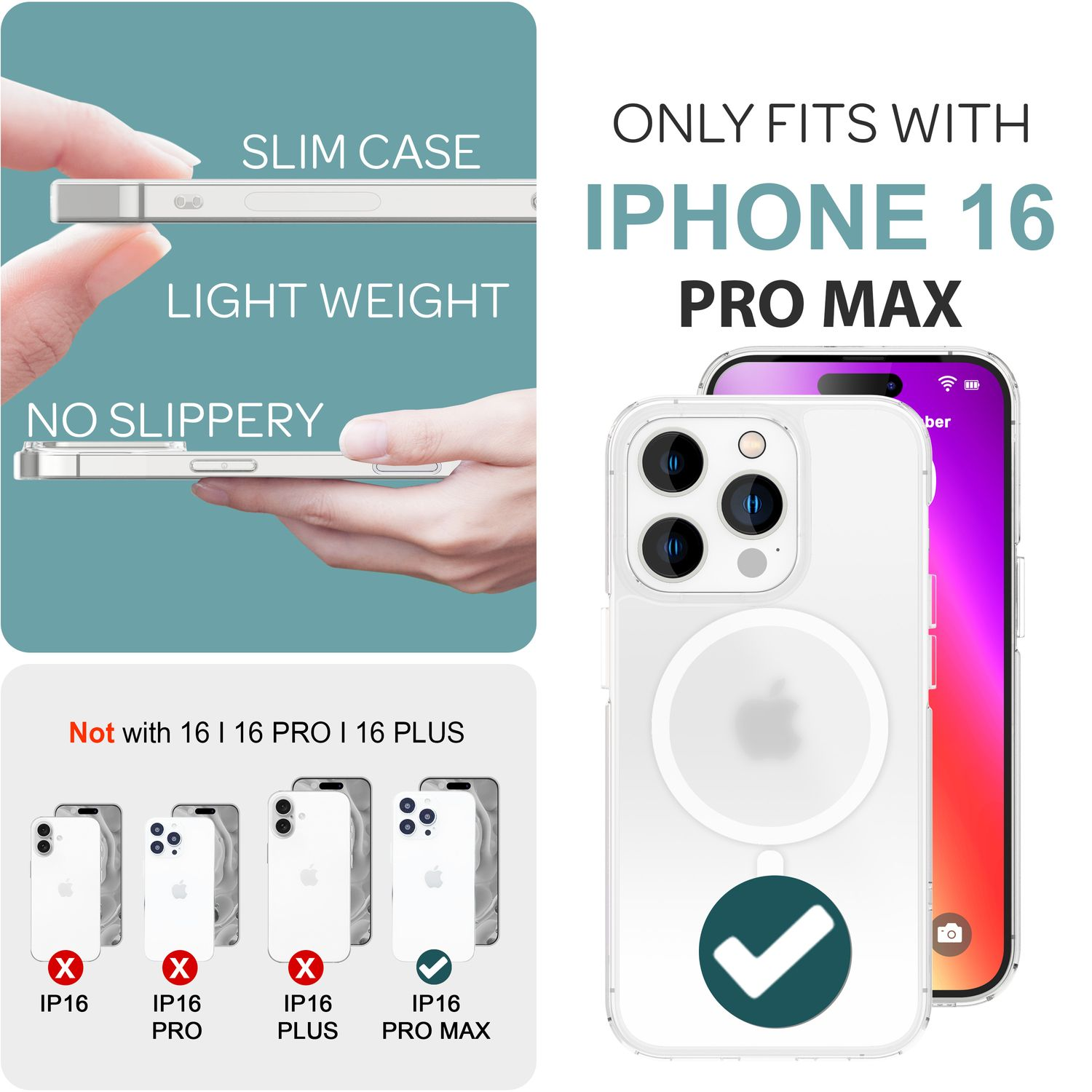 Eine iPhone 16 Pro Max Handyhülle und Handy, mit Text und Icons.