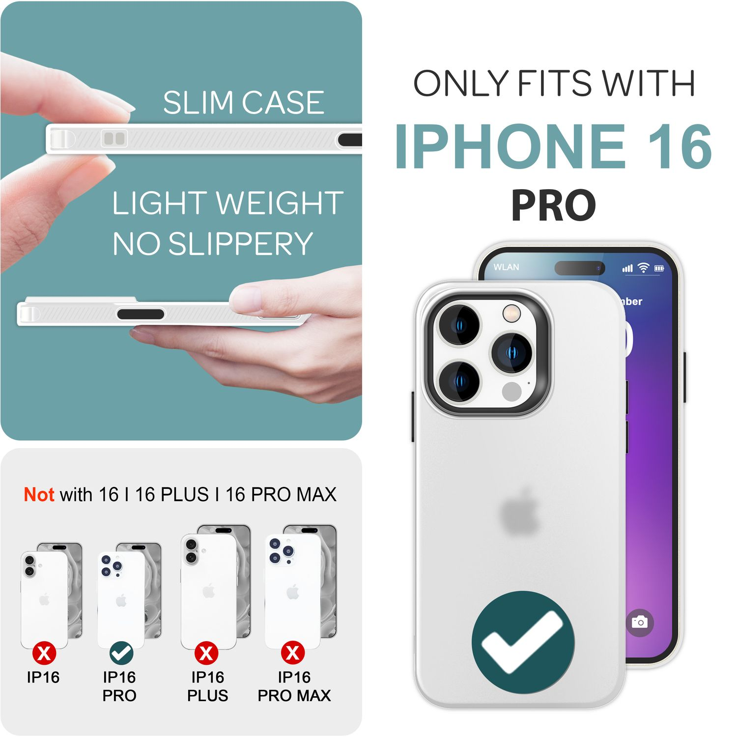Telefonhülle auf einem iPhone. Die Hülle ist schlank und passt auf ein iPhone 16 Pro, nicht auf andere Modelle.
