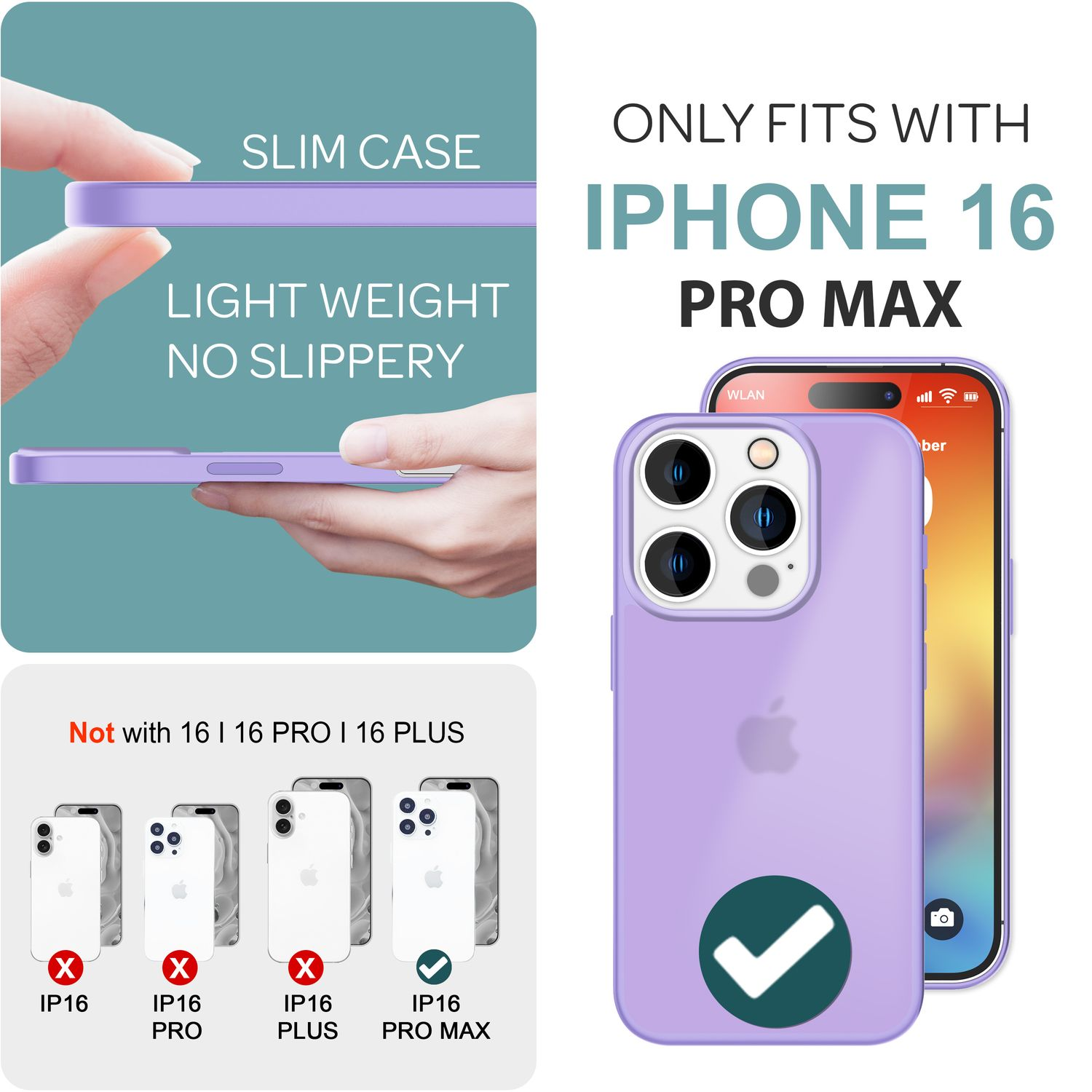 Lila Handyhülle auf weißem Hintergrund, neben einem iPhone. Text zeigt Kompatibilität mit iPhone 16 Pro Max.