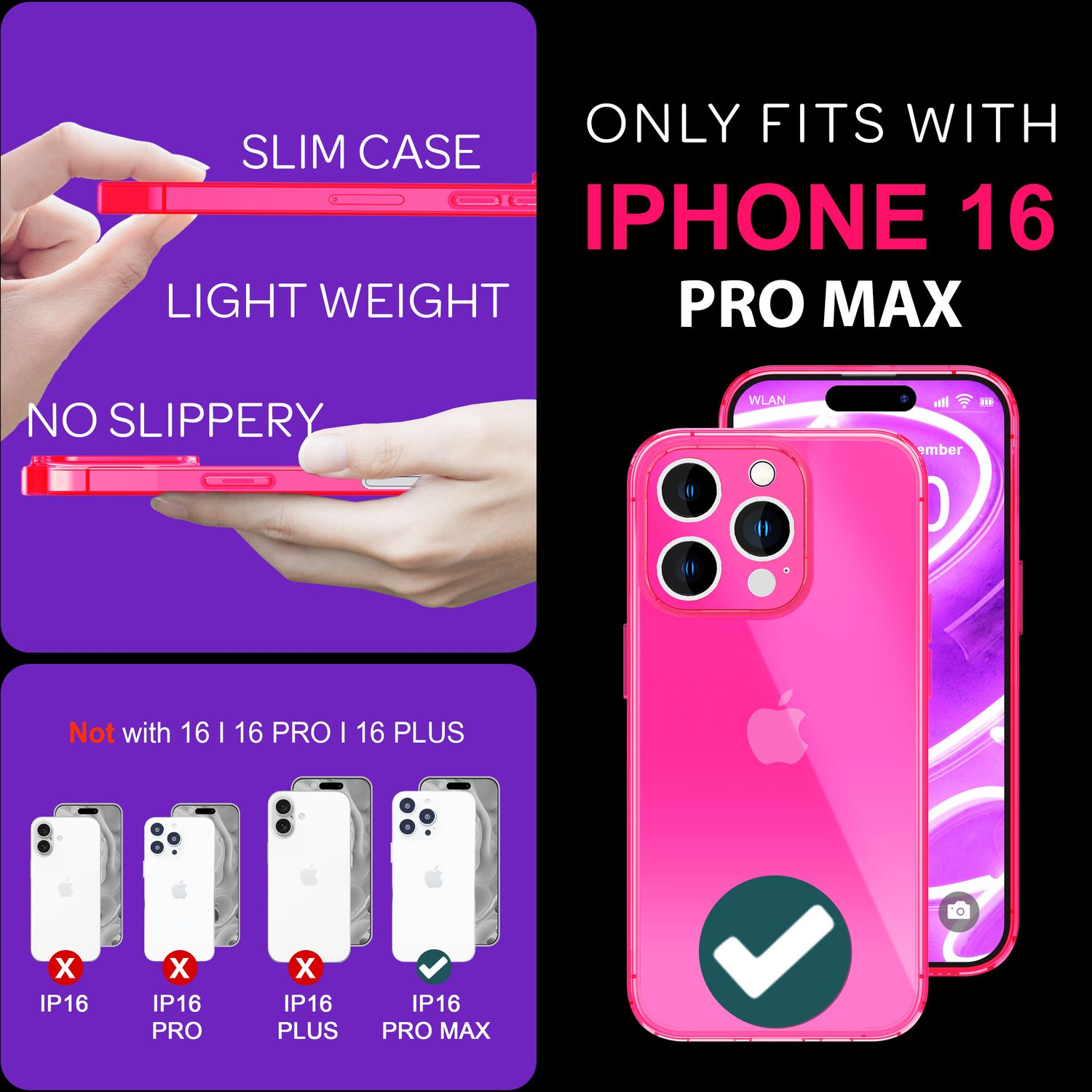 Rosafarbene iPhone-Hülle. Text: 'ONLY FITS WITH IPHONE 16 PRO MAX'. Mehrere Telefone im Bild.