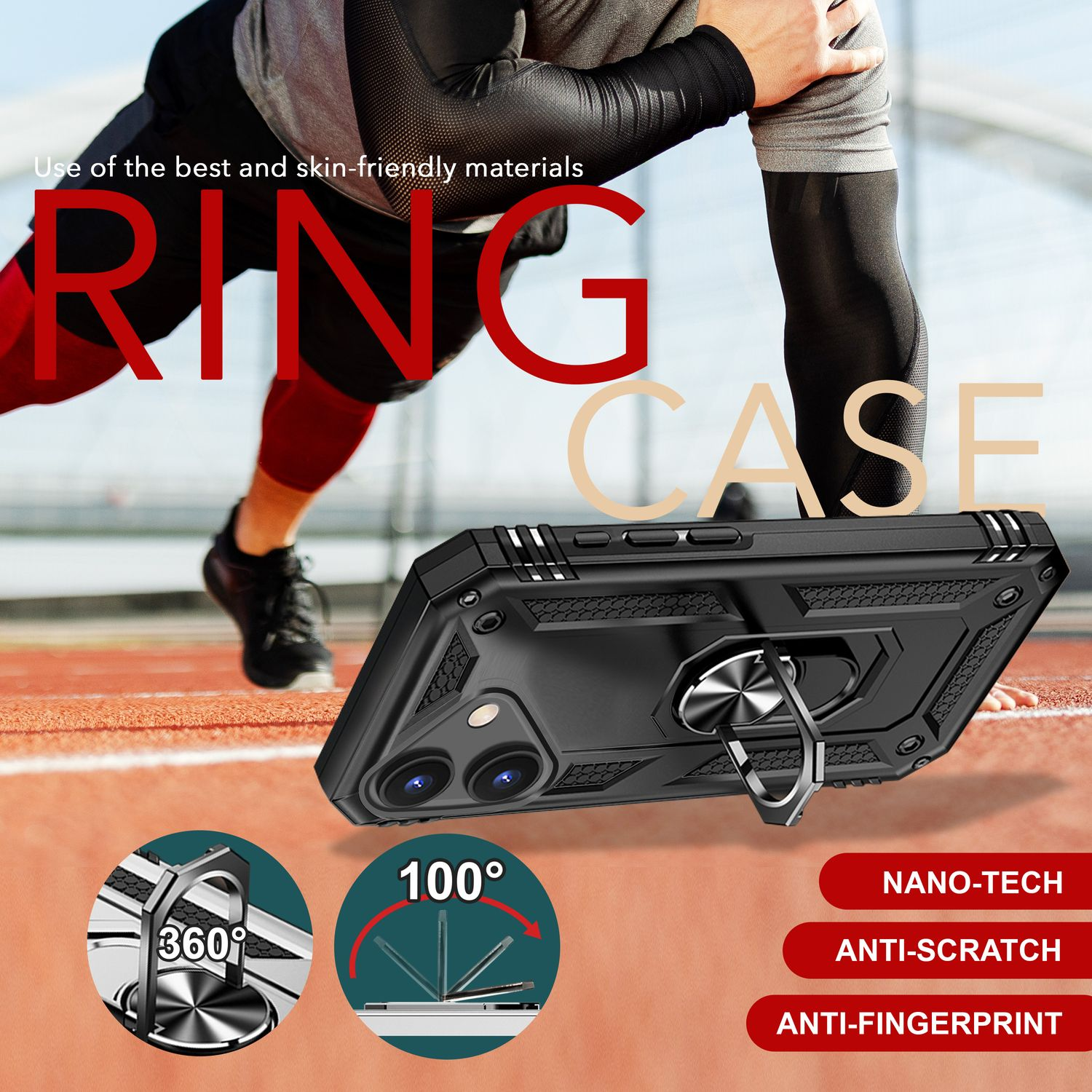 Schwarze Handyhülle mit Ringständer. Text: Ring Case, Nano-Tech, Anti-Scratch, Anti-Fingerprint, 360, 100 Grad.