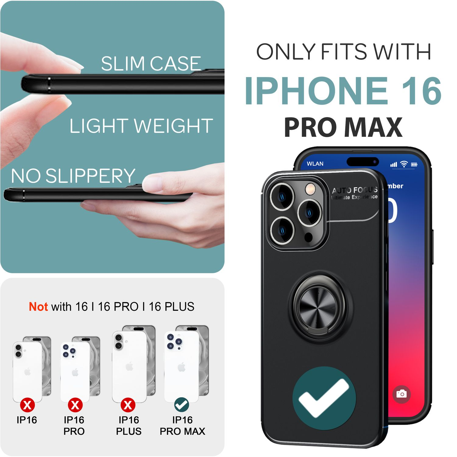 Schwarze Handyhülle auf weißem Hintergrund, neben einem iPhone. Text: Kompatibel mit iPhone 16 Pro Max.