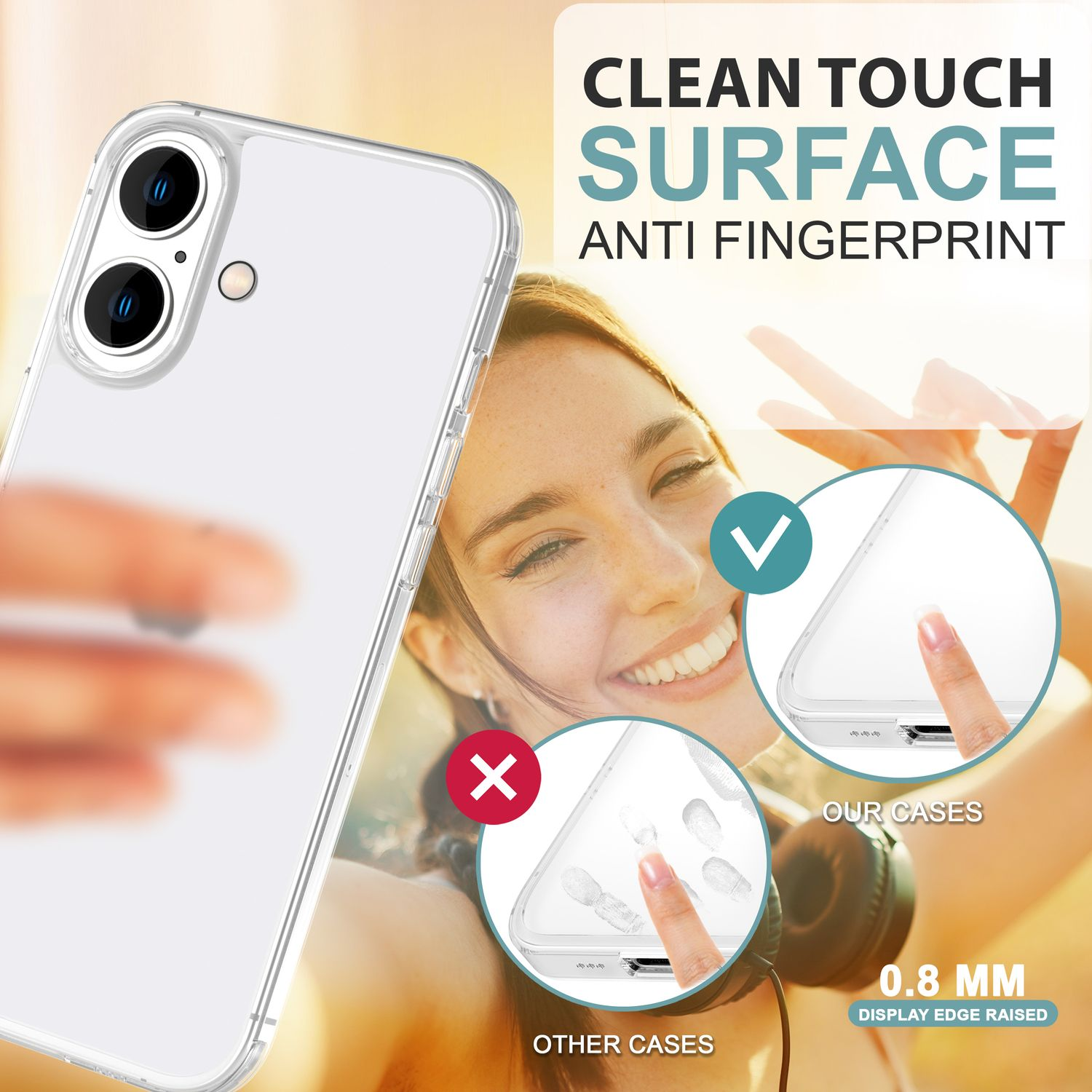 Eine transparente Handyhülle mit einer lächelnden Frau, die Fingerabdrücke zeigt.