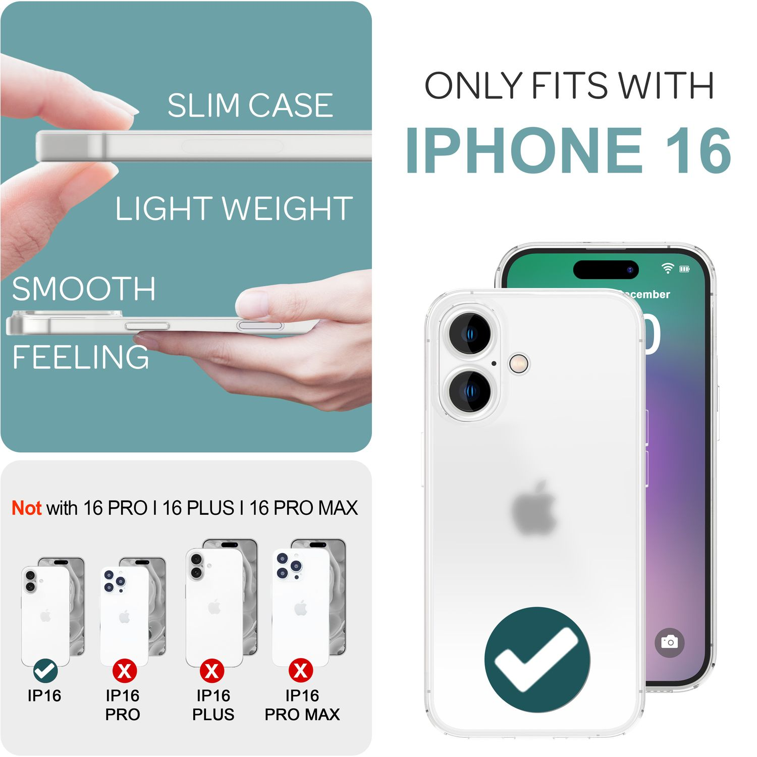 Handyhülle mit iPhone 16, weiß. Text 'slim case', 'light weight', 'smooth feeling'.