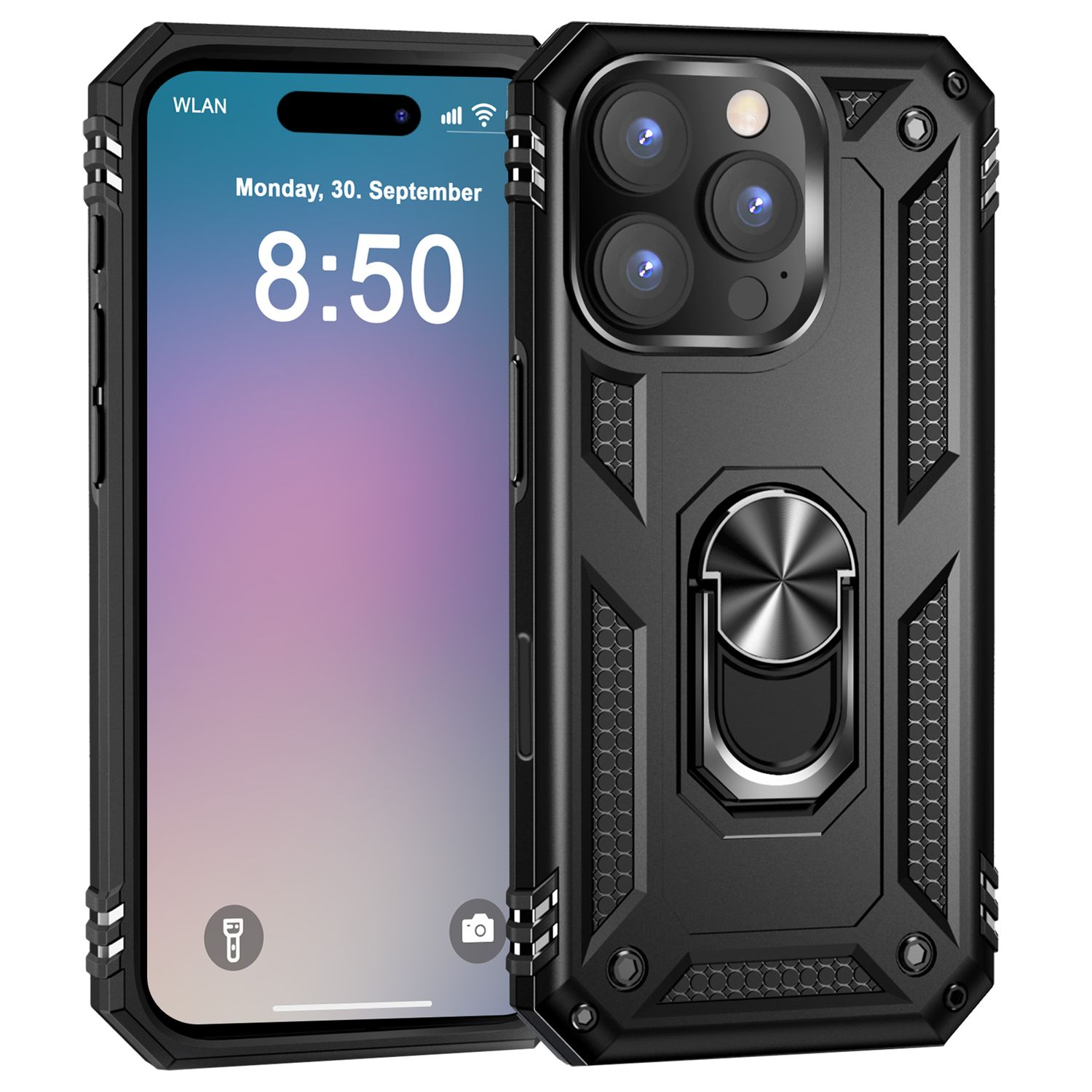 Schwarzes Telefon in einer Schutzhülle. Uhrzeit und Datum sichtbar. Ringhalter.