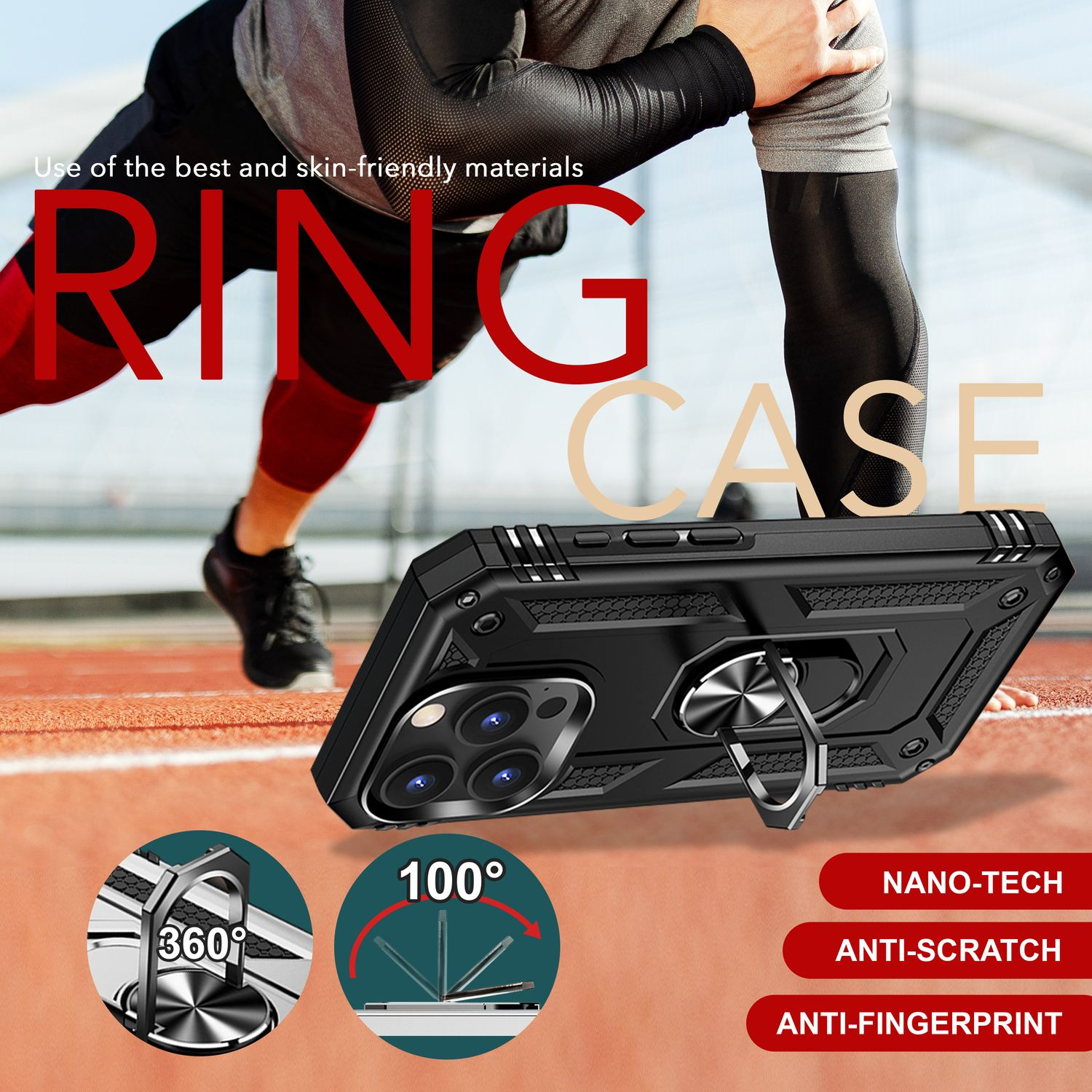 Schwarze Handyhülle mit Ringständer. Text: Ring Case, Nano-Tech, Anti-Scratch, Anti-Fingerprint, 360, 100 Grad.