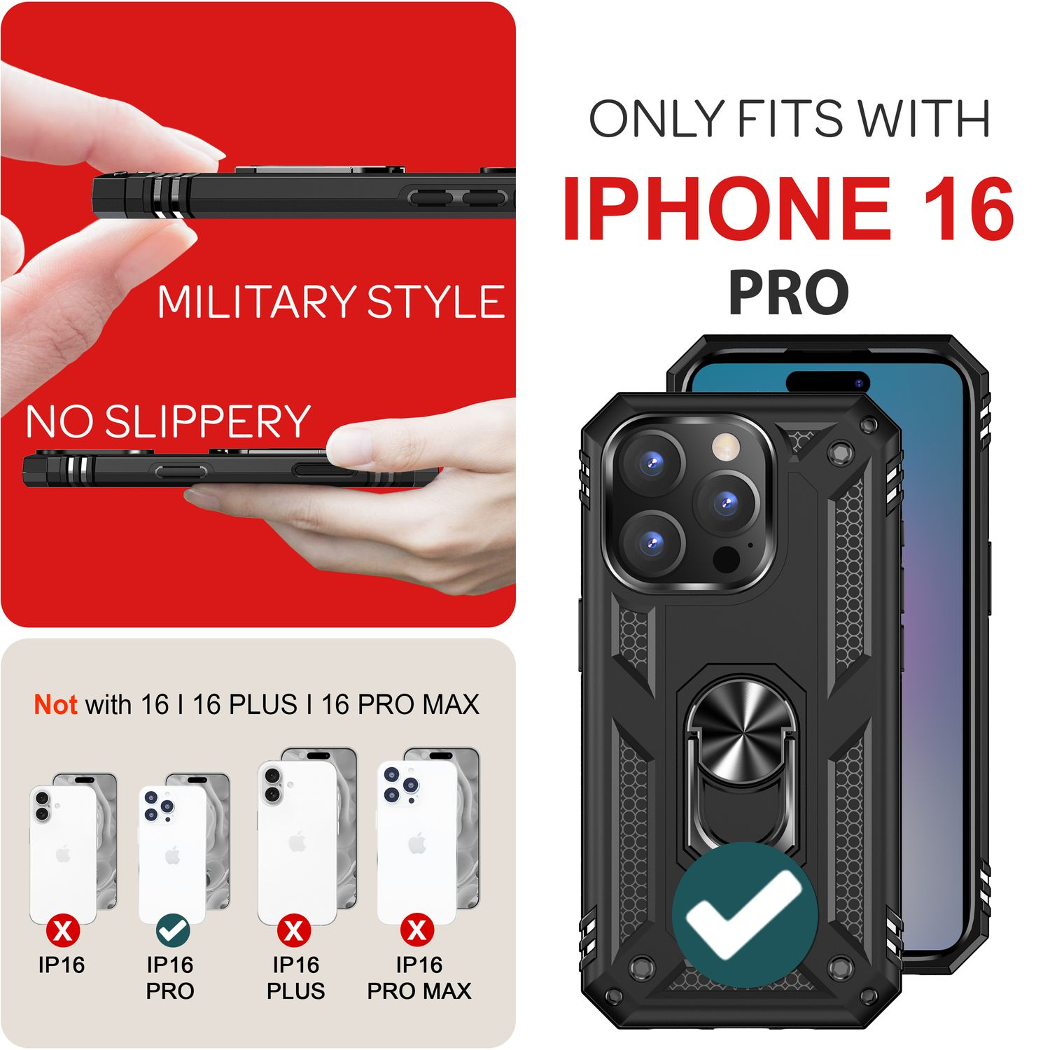 Schwarze Handyhülle für iPhone 16 Pro mit Ringhalter. Merkmale: Militärstil und rutschfest.