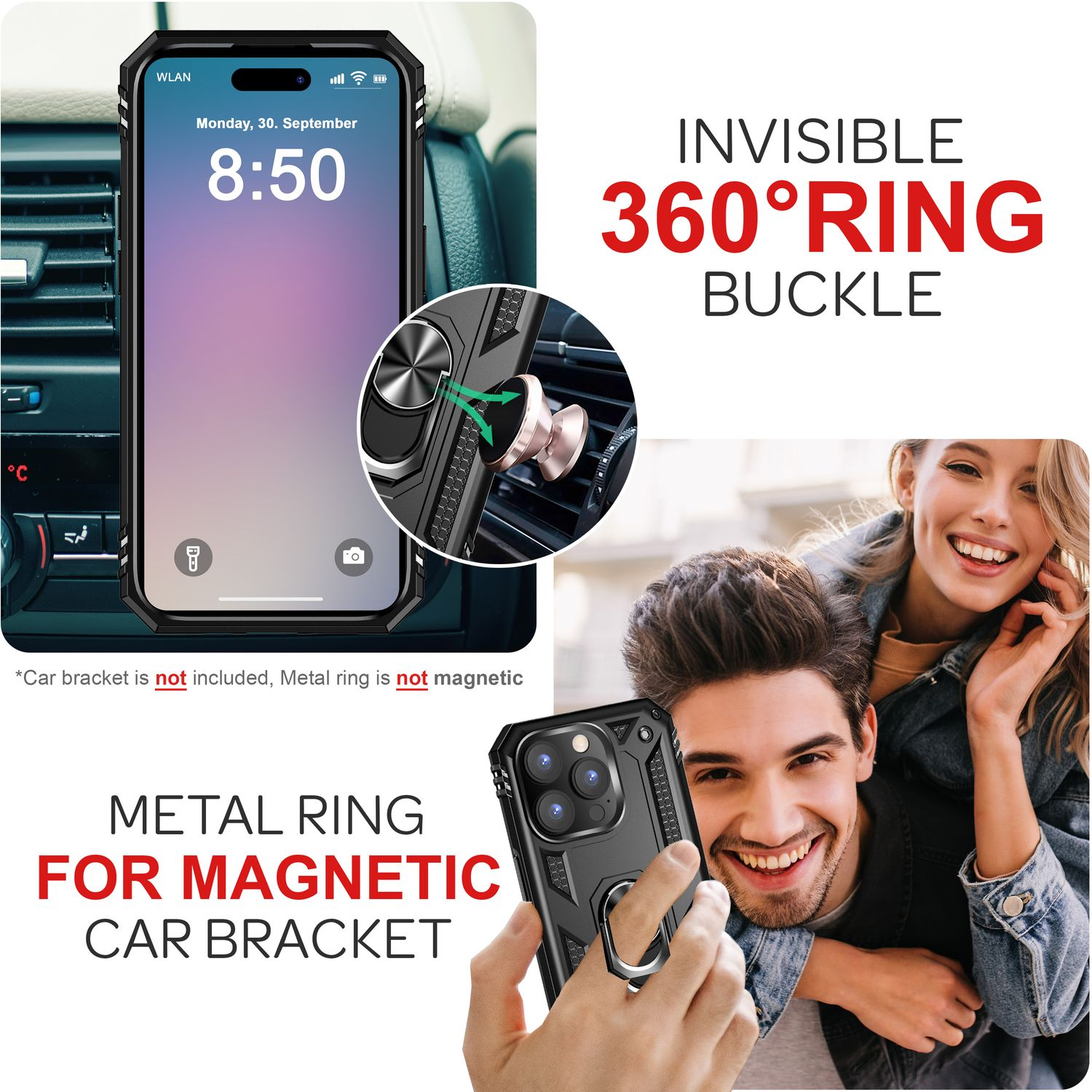 Ein Telefon mit Hülle und Magnetring befindet sich in einem Auto. Ein Paar lächelt in der unteren rechten Ecke.