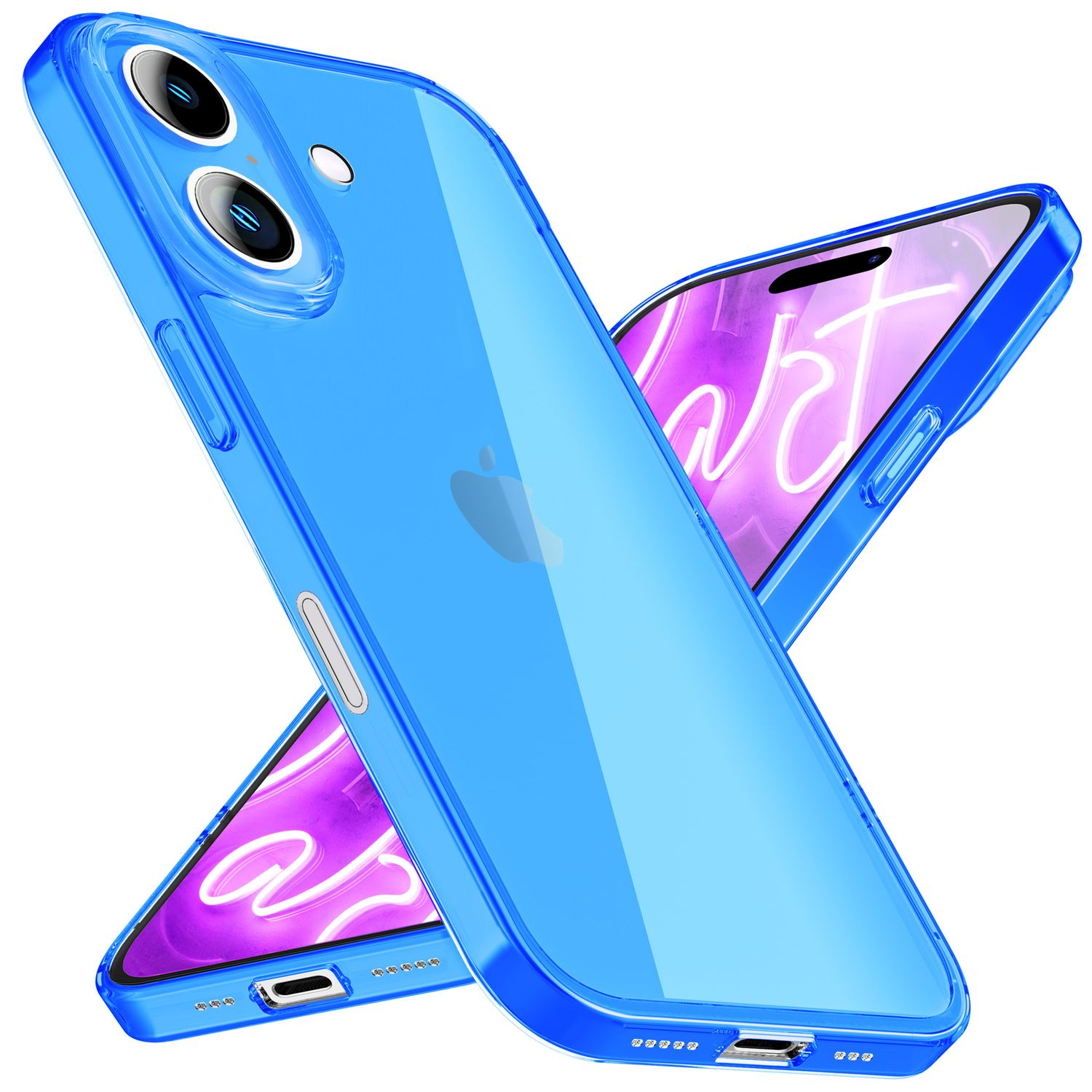 Zwei blaue Handyhüllen, eine auf der anderen. Der Hintergrund ist weiß. Das Telefon ist blau.