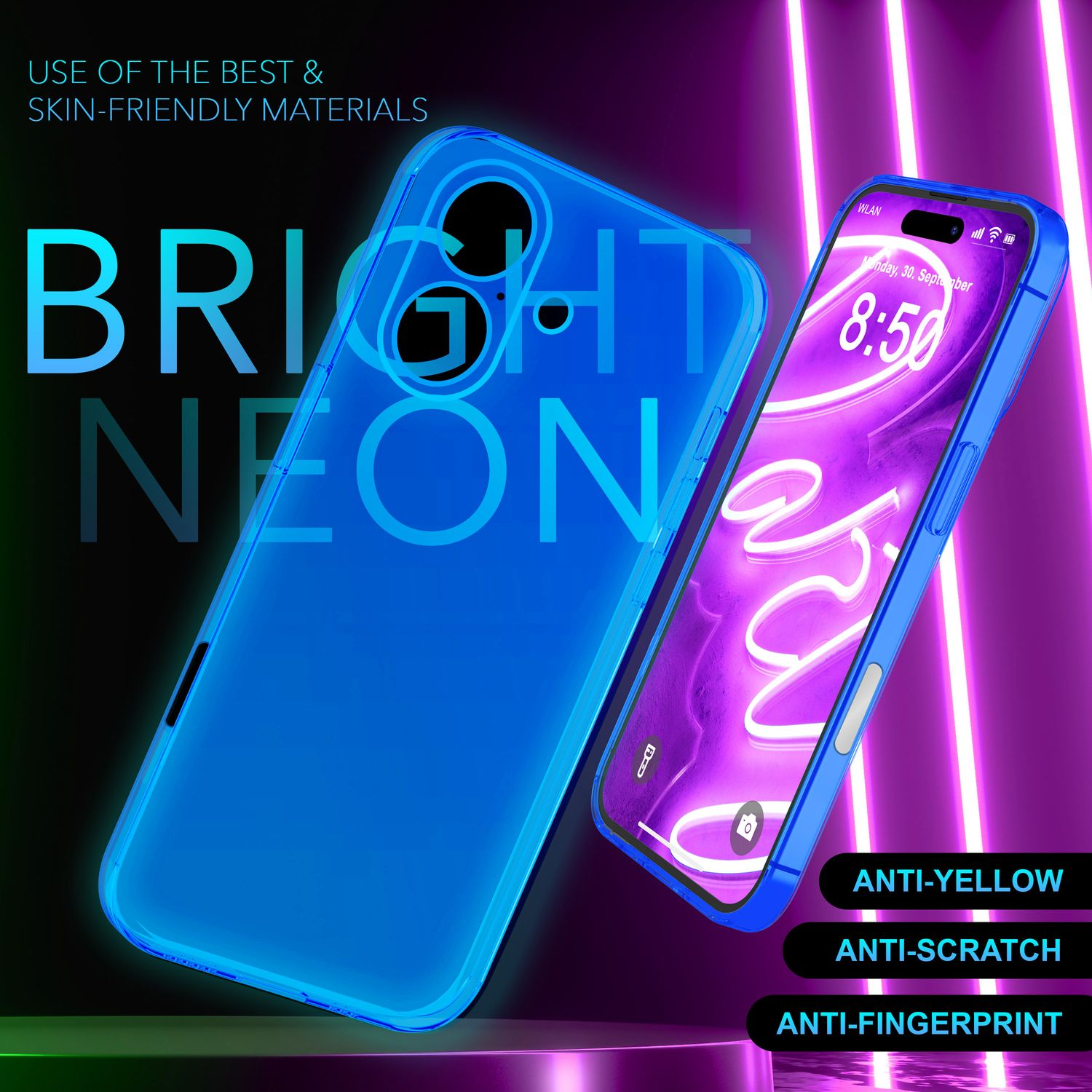 Blaue Neon-Handyhülle und Telefon. Text hebt Funktionen hervor, darunter Anti-Gelb, Anti-Kratzer und Anti-Fingerabdruck.
