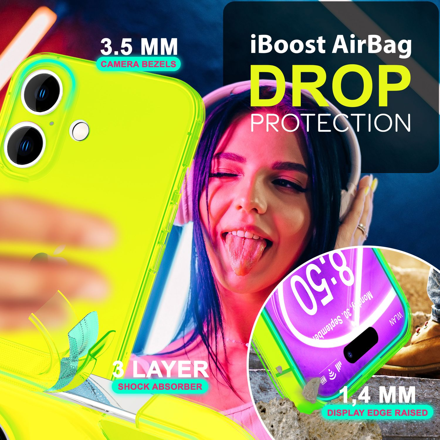Ein Telefon in einer neongrünen Hülle, mit einer Frau, die ihre Zunge herausstreckt. Der Text enthält 'iBoost AirBag Drop Protection' und Spezifikationen.