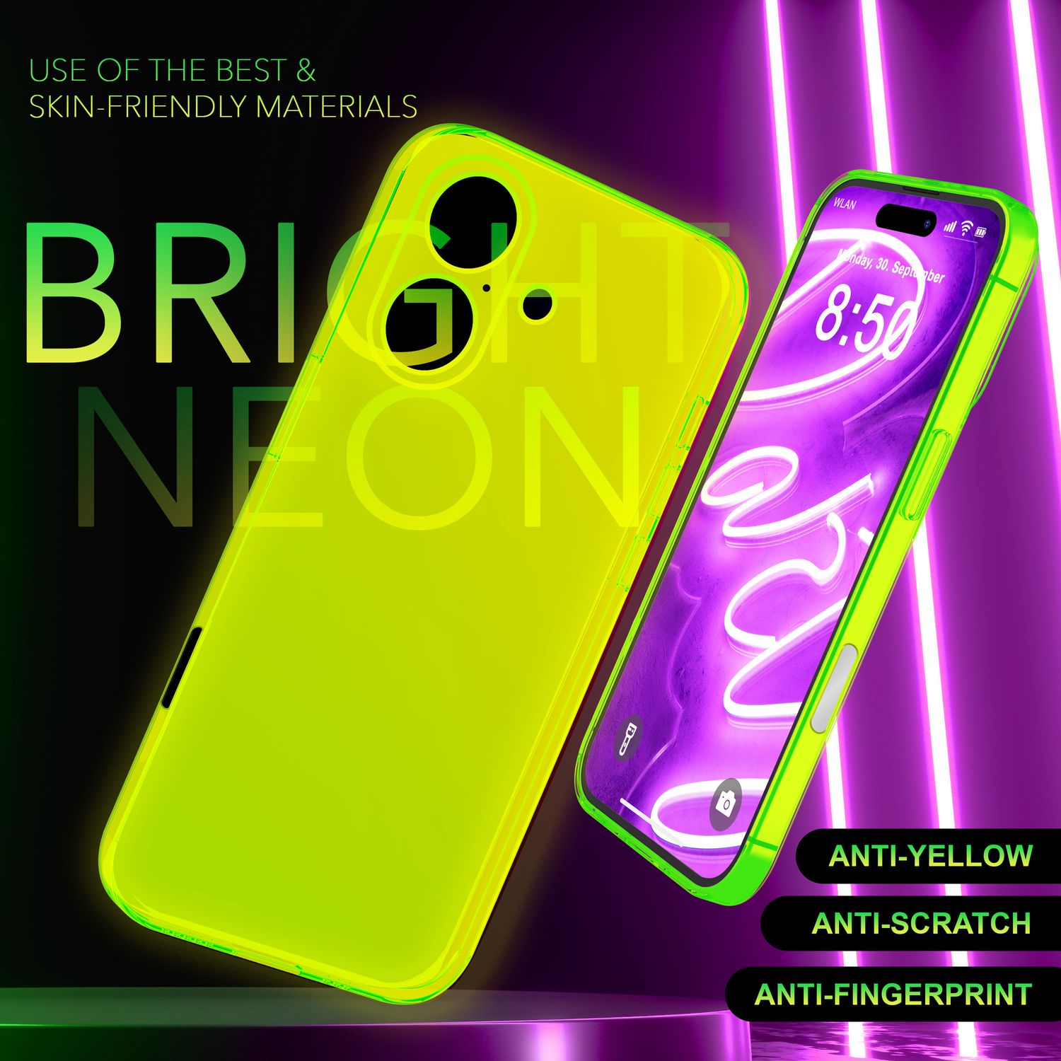 Eine neongrüne Handyhülle und ein Handy auf lila Hintergrund mit Text: anti-gelb, anti-kratzer und anti-fingerabdruck.