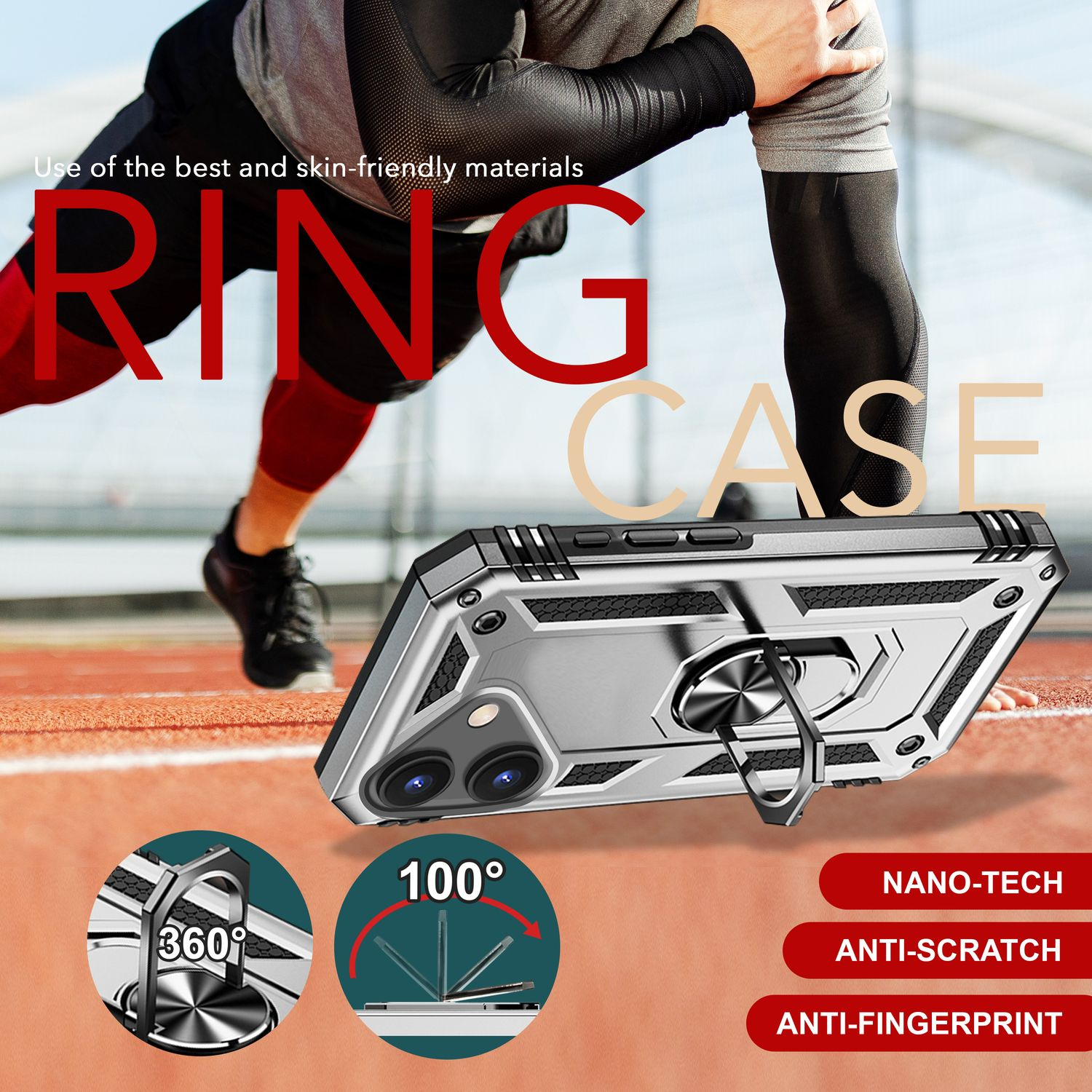 Eine silberne Handyhülle mit Ringständer. Der Text lautet: Nano-Tech, Anti-Kratzer und Anti-Fingerabdruck.