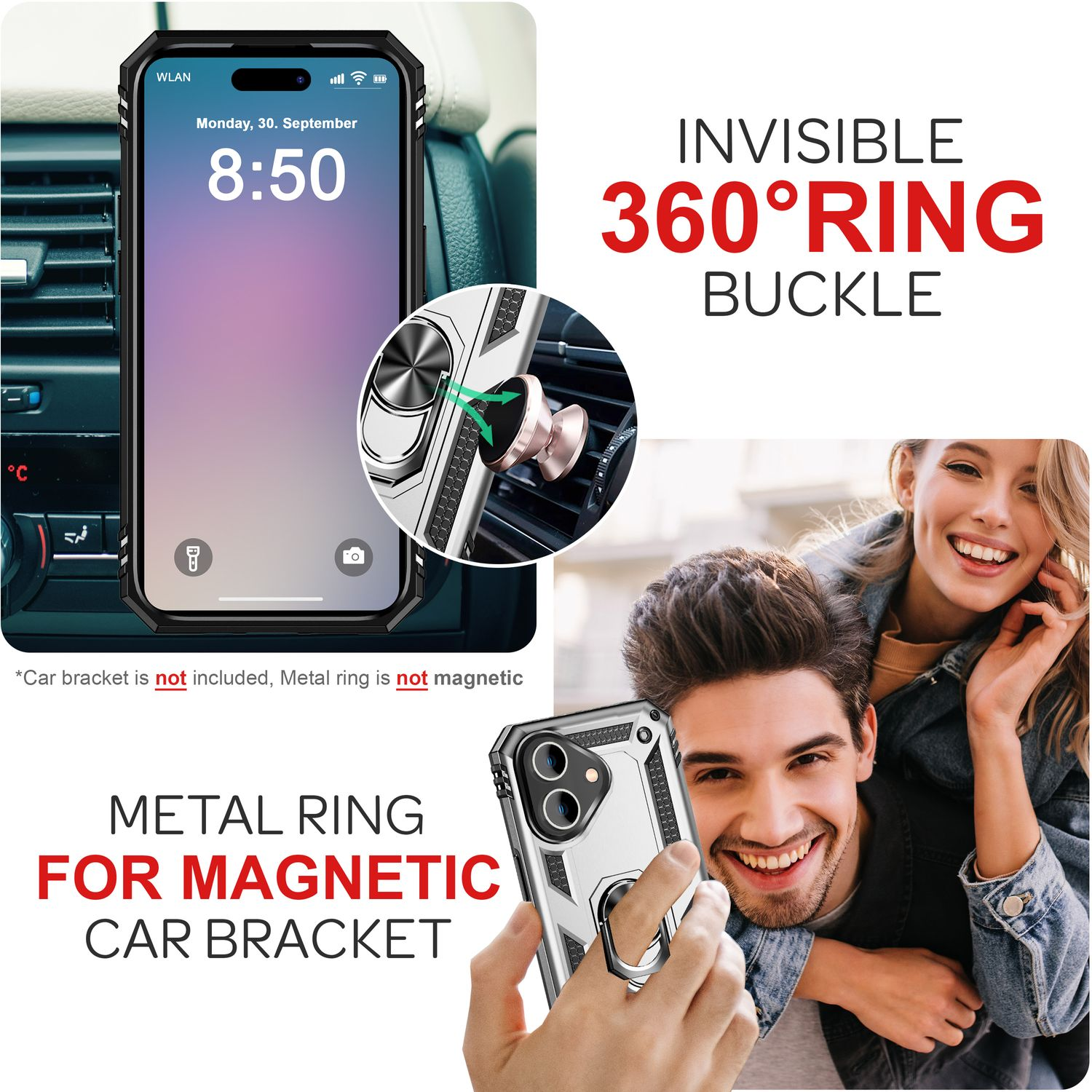 Telefon in einer Hülle mit Metallring für eine Autohalterung. Paar macht ein Selfie. Die Hülle an der Lüftung.
