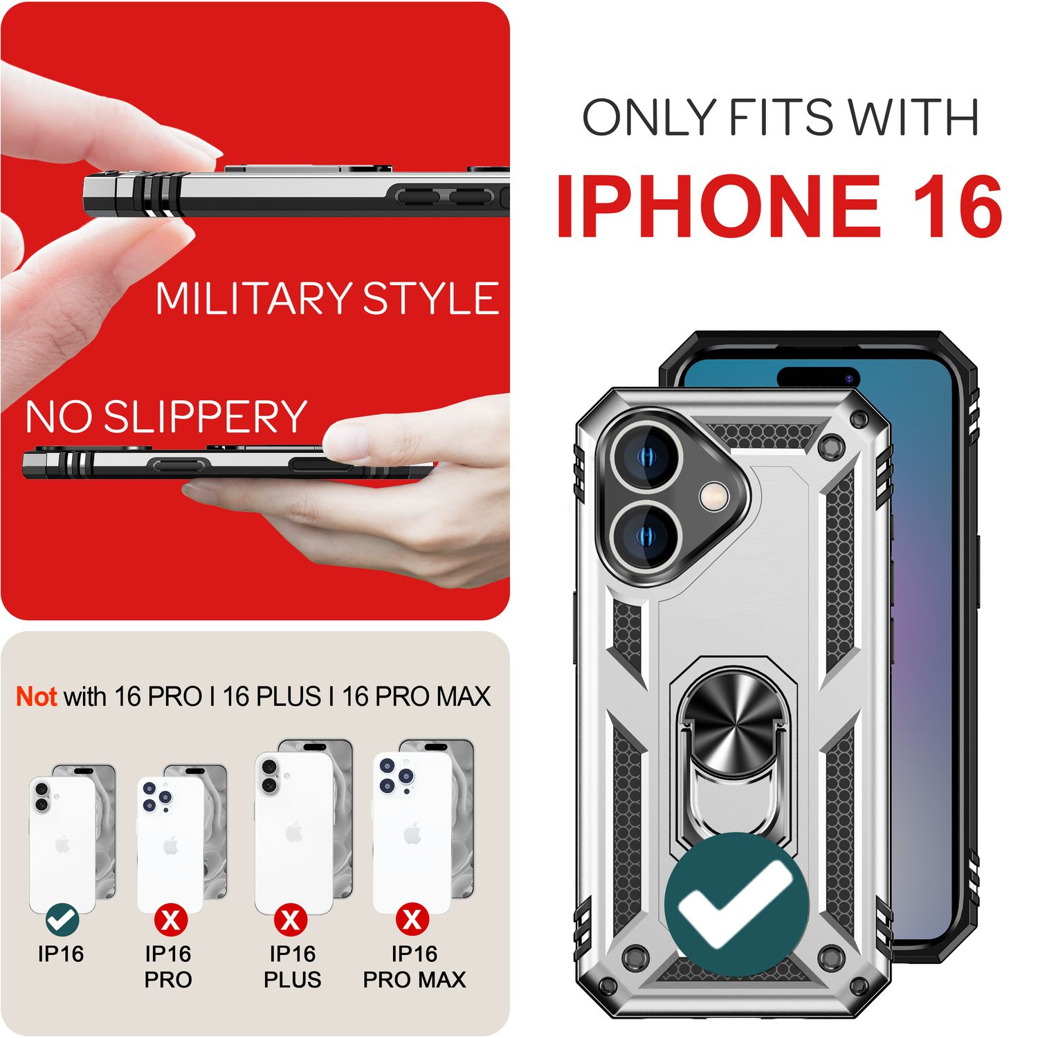 Handyhülle im Militärstil, nicht rutschig, nur für iPhone 16, nicht für Pro-, Plus- oder Pro Max-Modelle.