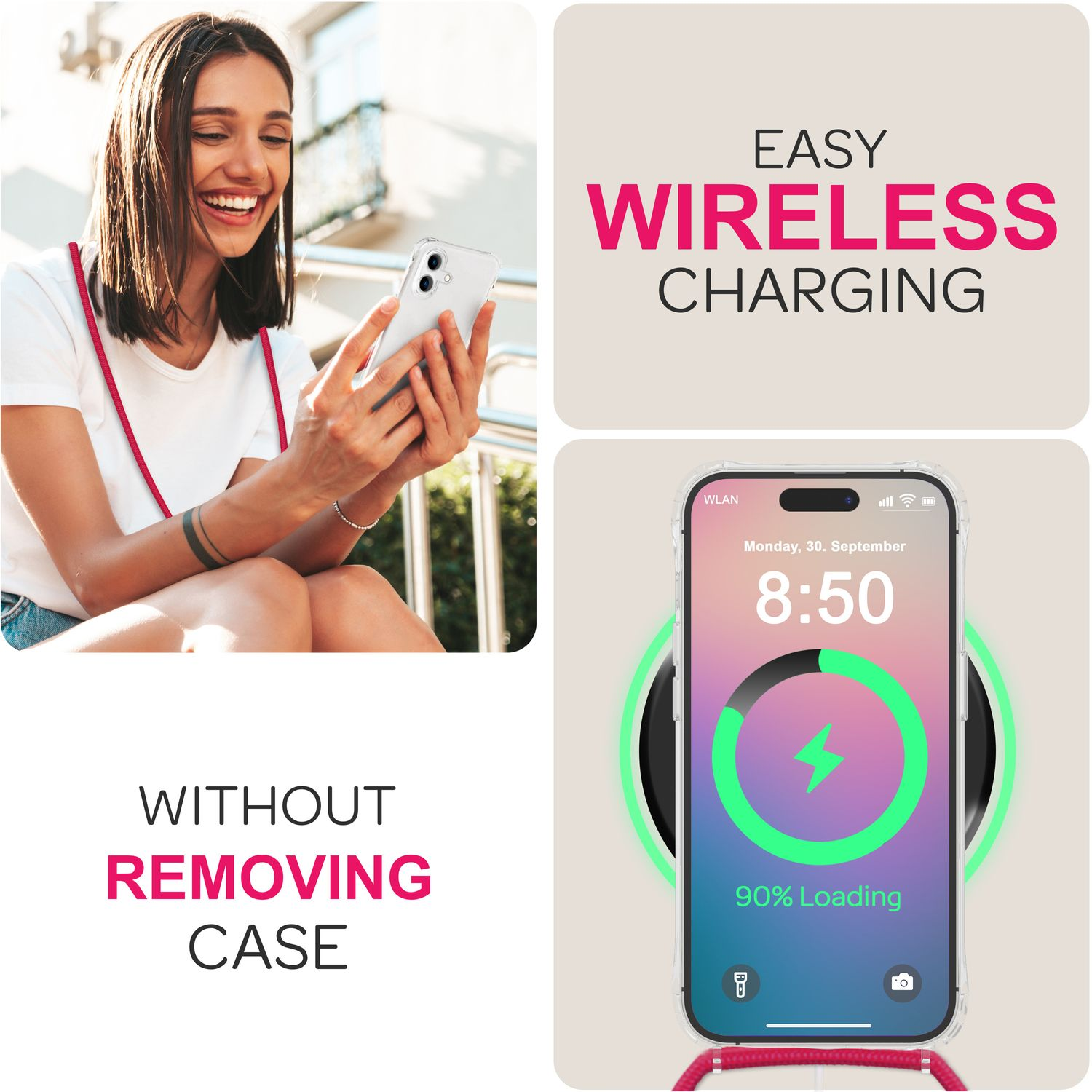 Una donna tiene in mano un telefono, mostrando la ricarica wireless con il 90% di caricamento. Testo: Ricarica wireless facile. Senza togliere la custodia.