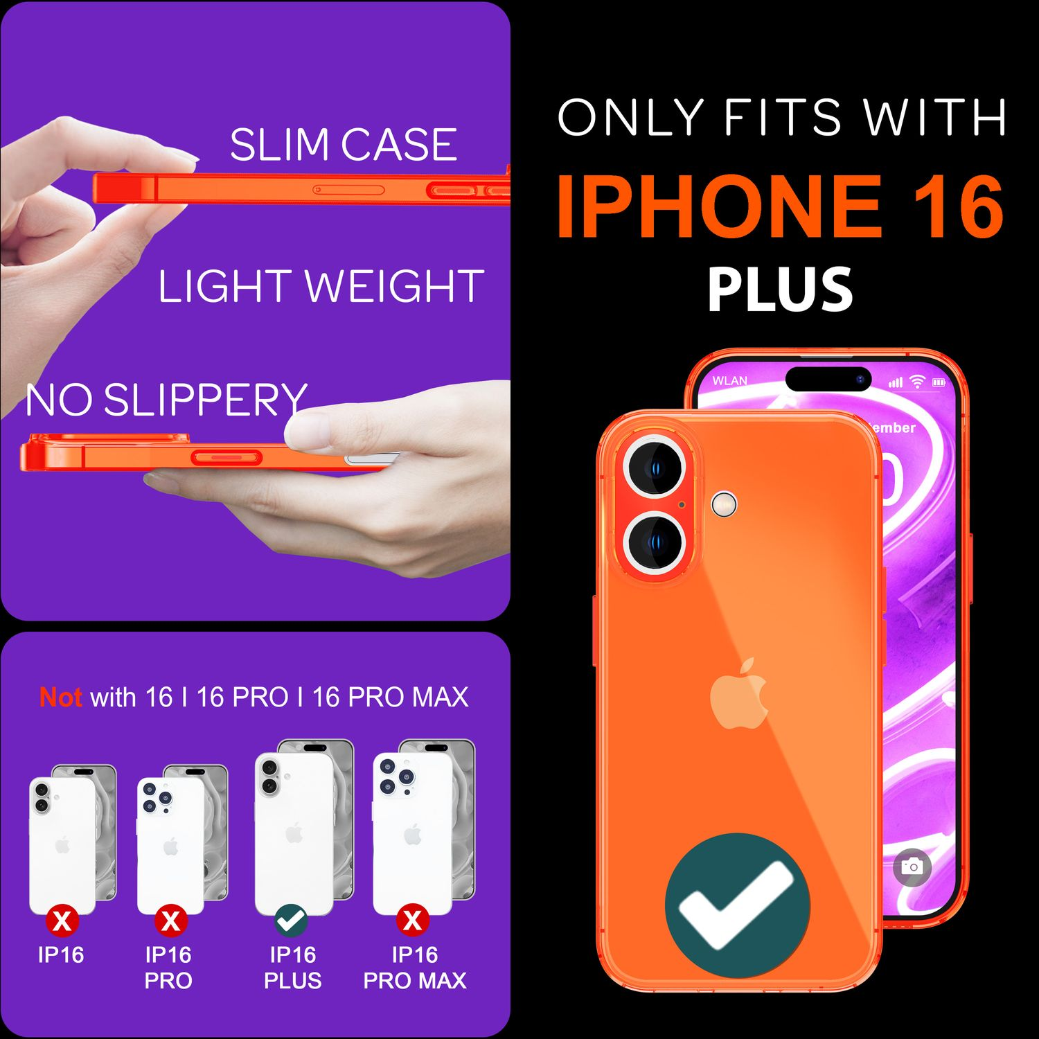 Orangene Handyhülle, schlankes Design, nur für iPhone 16 Plus. Zeigt Telefon mit Hülle.