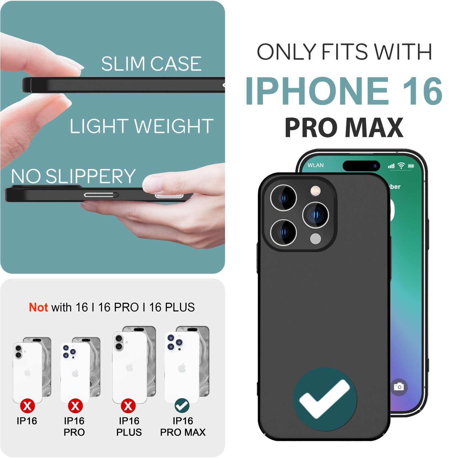 Schwarze Handyhülle, schlank, leicht, rutschfest, für iPhone 16 Pro Max.