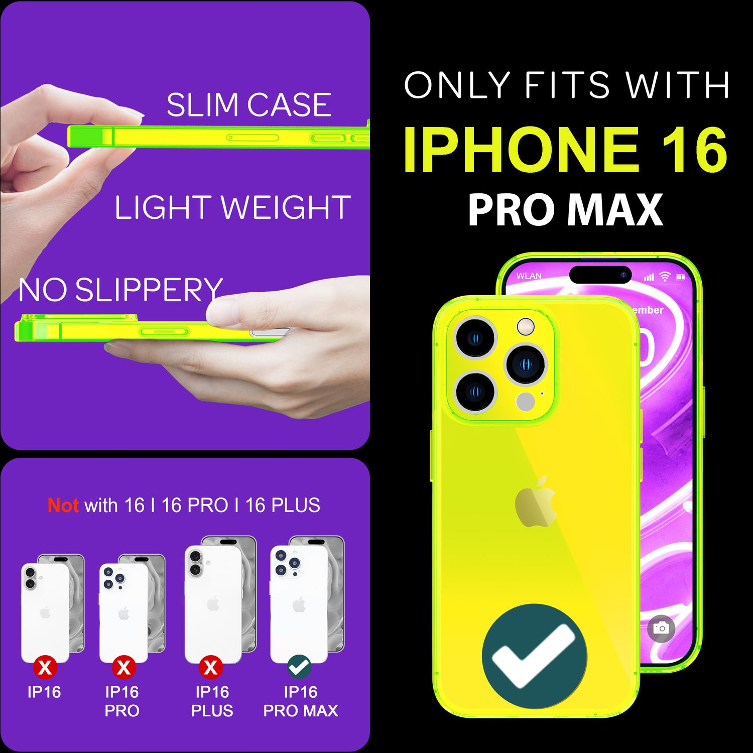 Eine iPhone 16 Pro Max Handyhülle und Handy, mit Text und Icons.