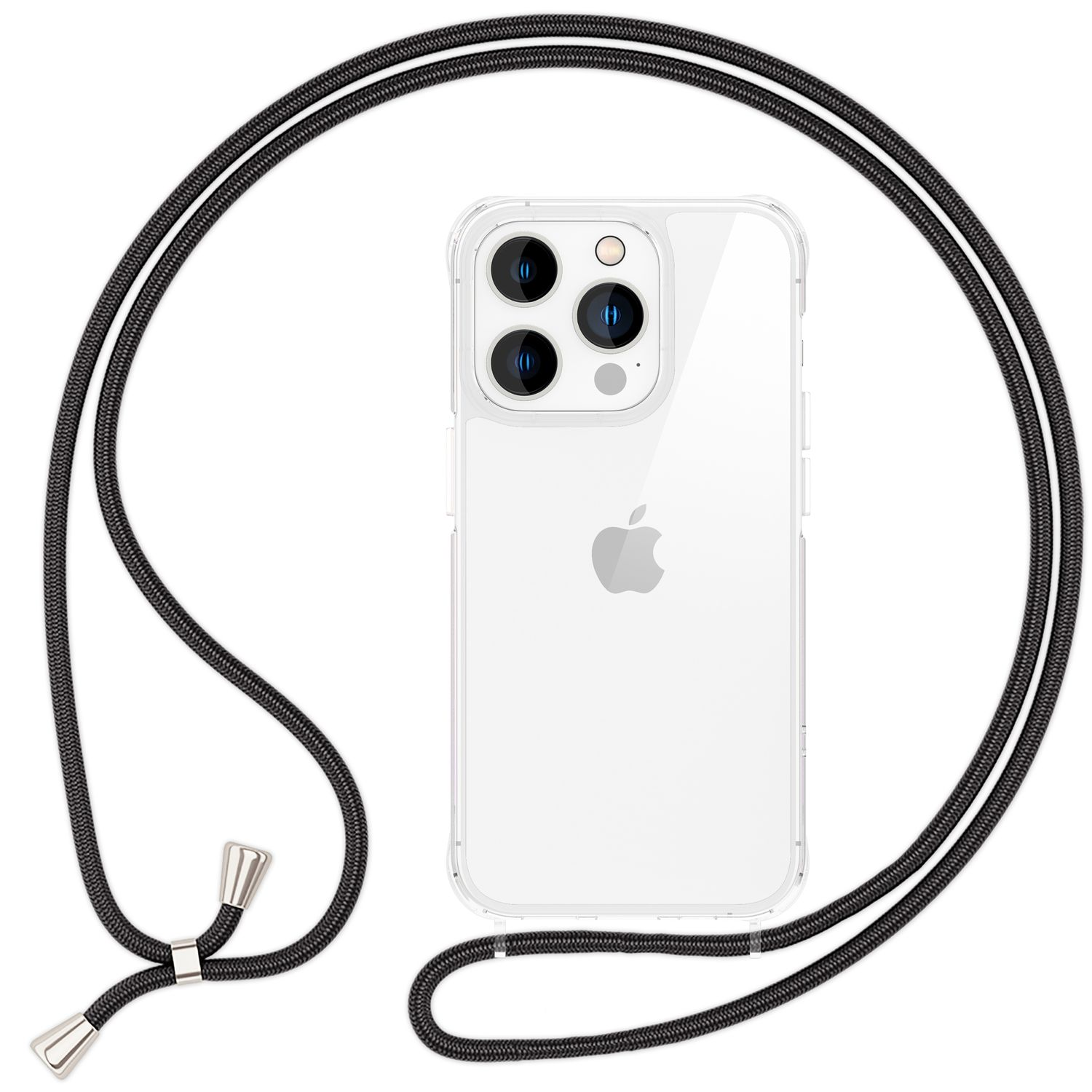 Transparente Handyhülle mit schwarzem Kabel und Telefon.