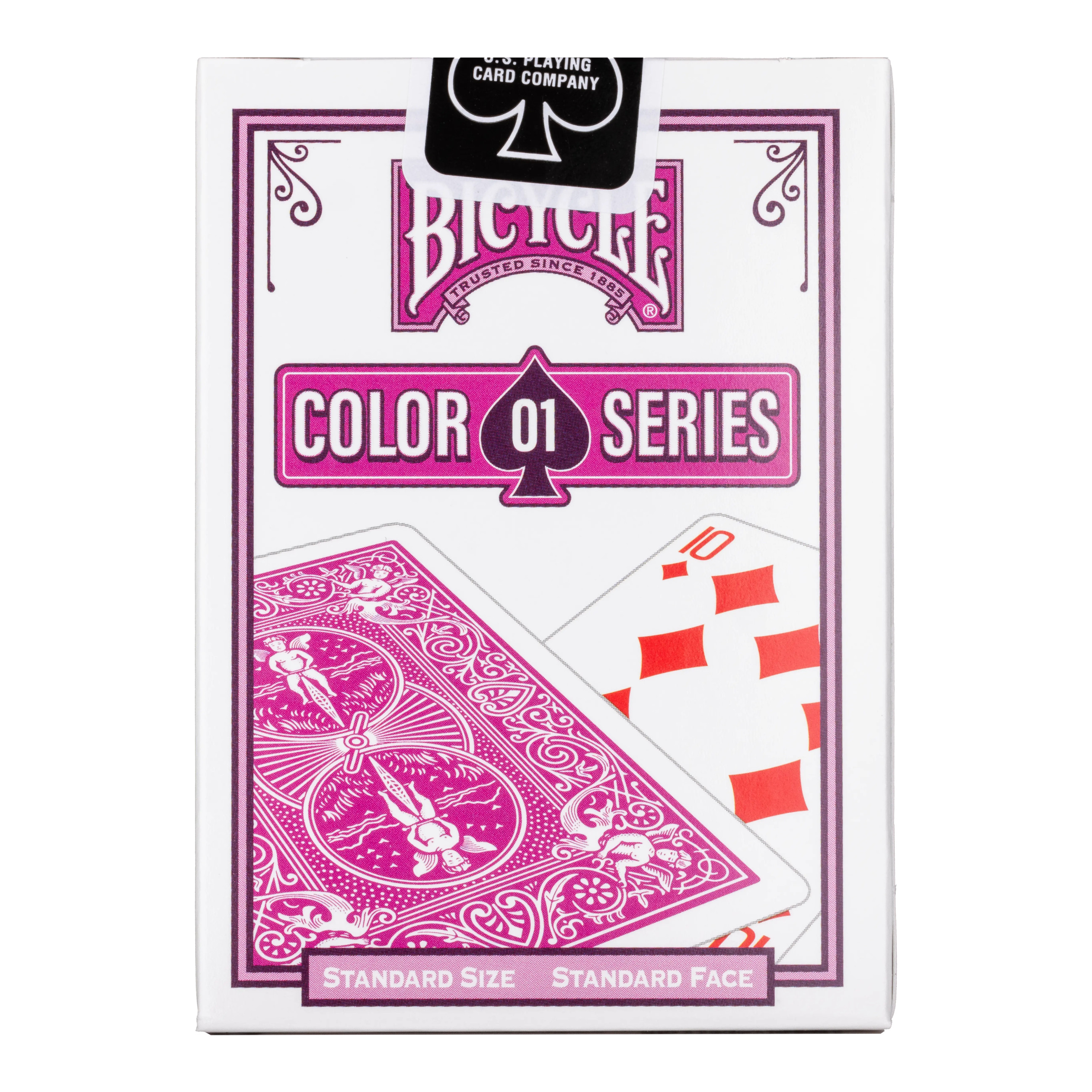 Eine rosa Bicycle Spielkartenbox. Auf der Vorderseite steht "Color 01 Series".