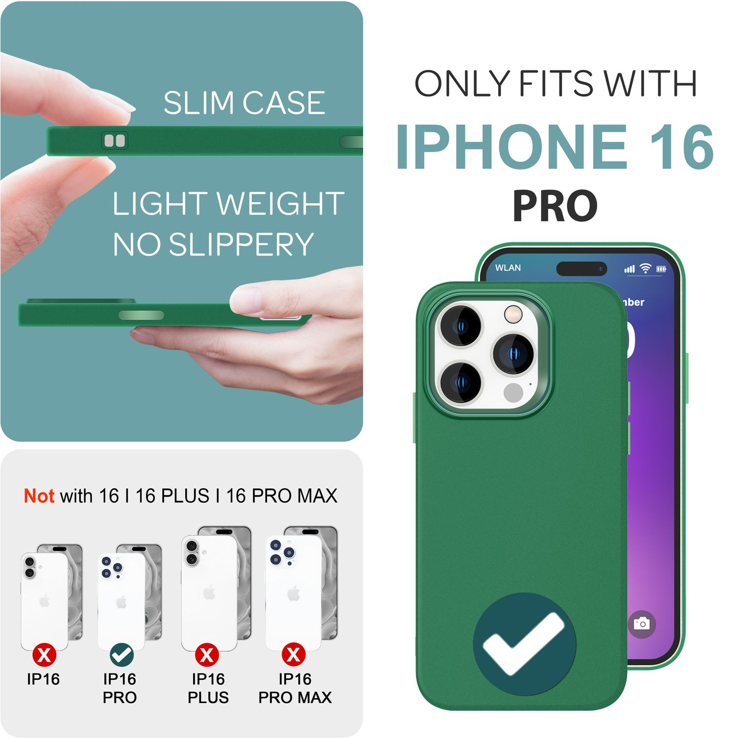 Eine grüne Handyhülle auf einem Telefon. Text gibt an, dass diese Hülle nur für das iPhone 16 Pro geeignet ist.