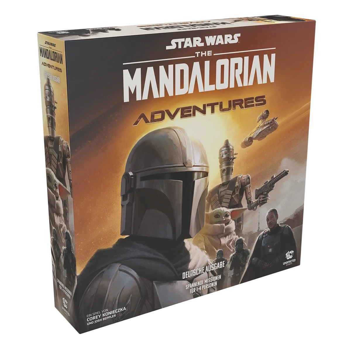 The Mandalorian Brettspielbox. Die Box zeigt Charaktere und Szenen aus der Star Wars-Serie.